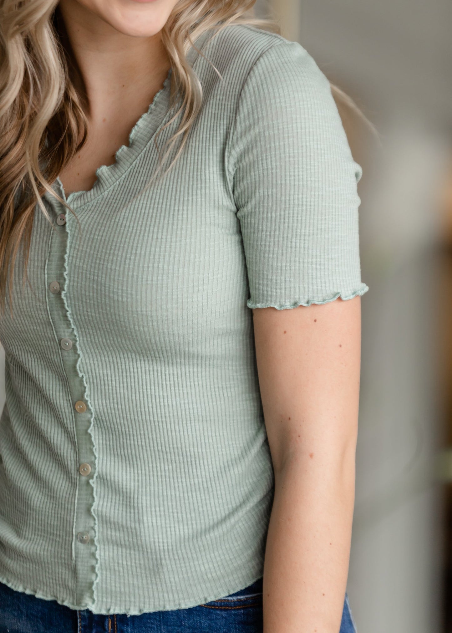 Button Up Ruffle Sleeve Top Shirt Polagram