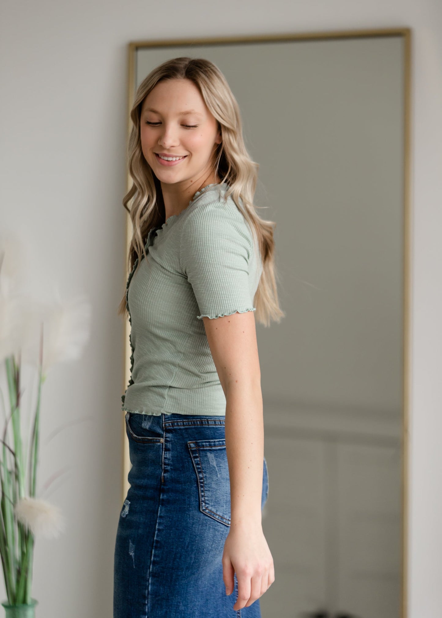 Button Up Ruffle Sleeve Top Shirt Polagram