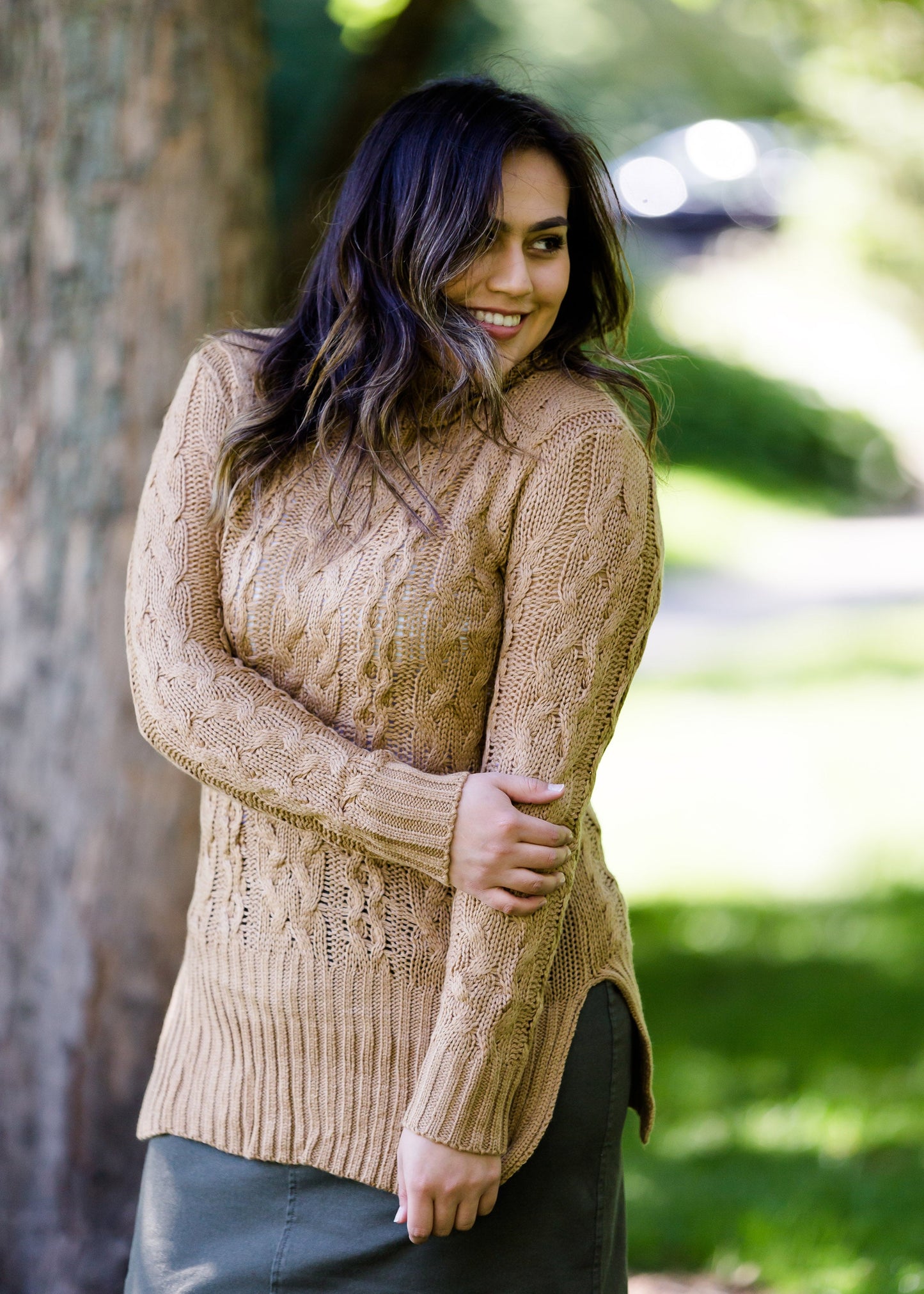 women's cable knit taupe or plum sweater