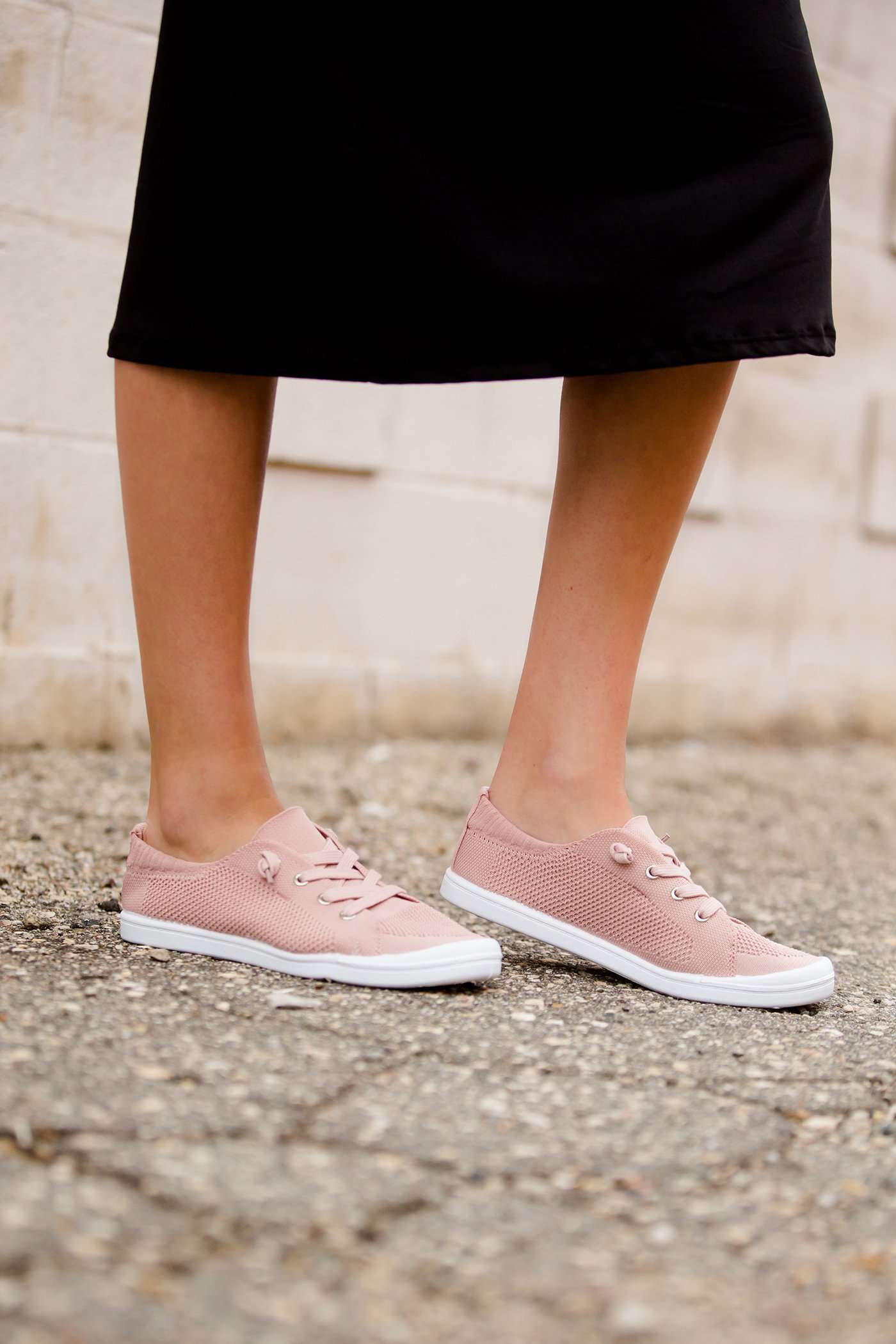 Blush or grey option mesh slip on, laced up shoe. Either color has a white sole.
