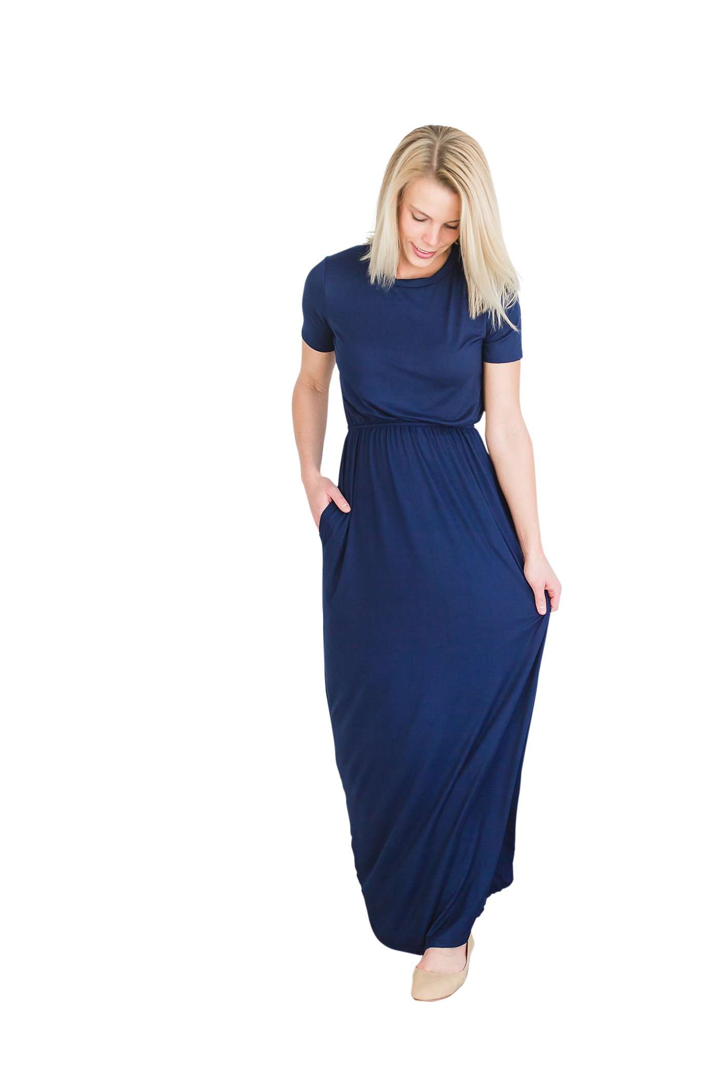 Modest women's maxi dress in peach, navy or black. 2 hidden side seam pockets, elastic waist and short sleeves.