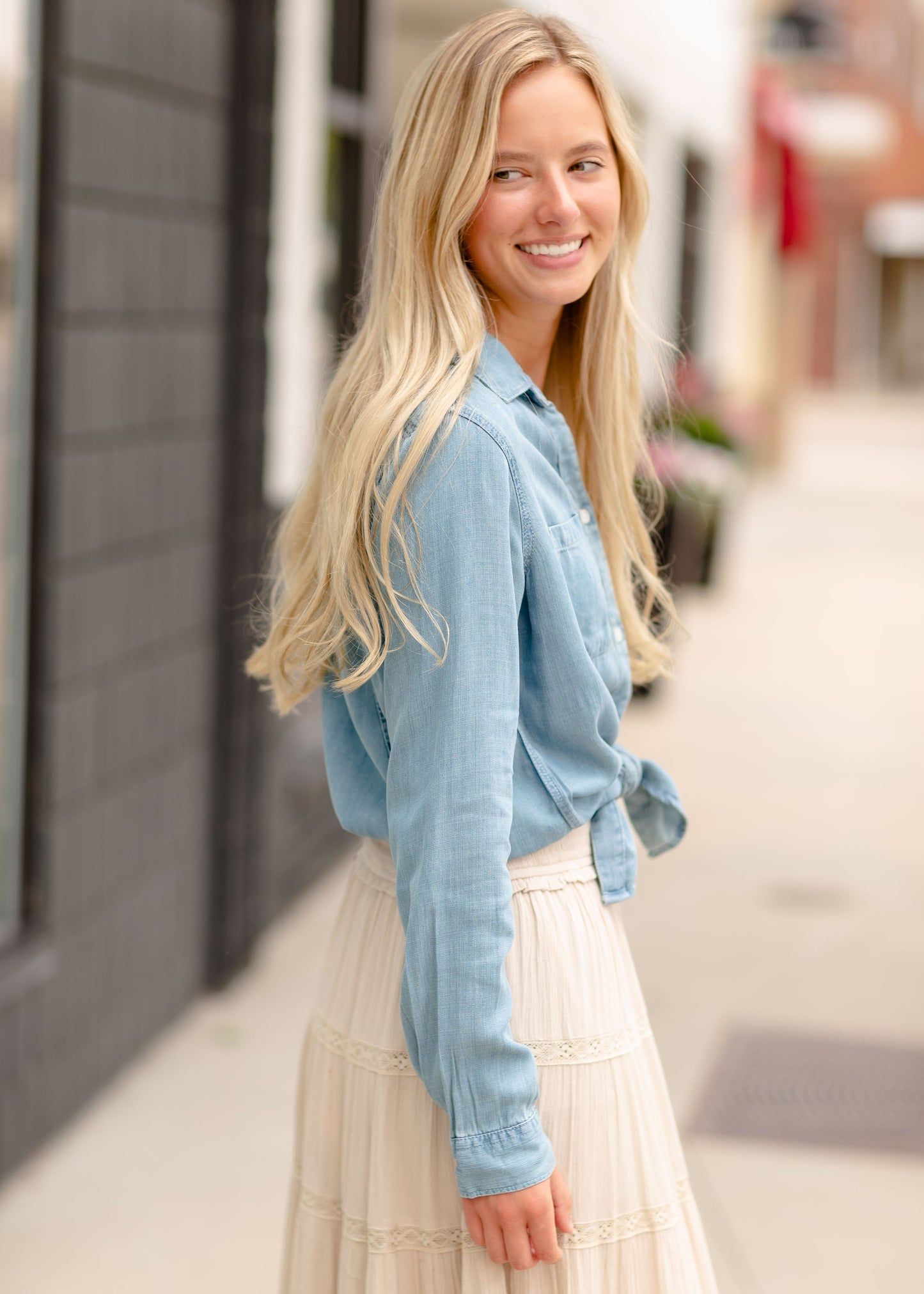 Chambray Denim Button Up Shirt Tops