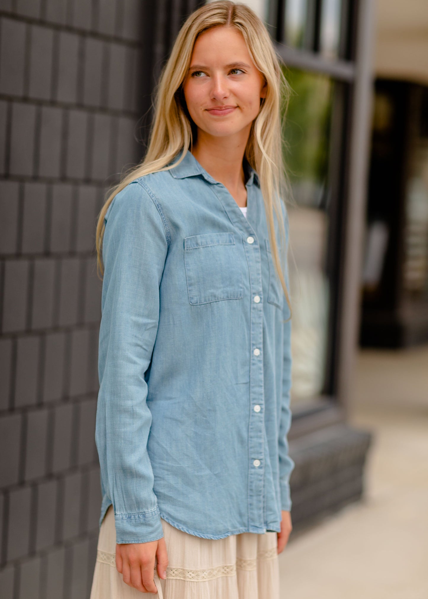 Chambray Denim Button Up Shirt Tops
