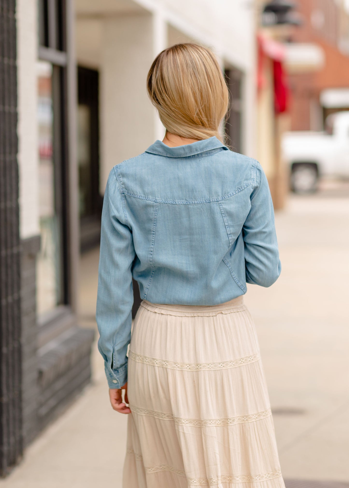 Chambray Denim Button Up Shirt Tops