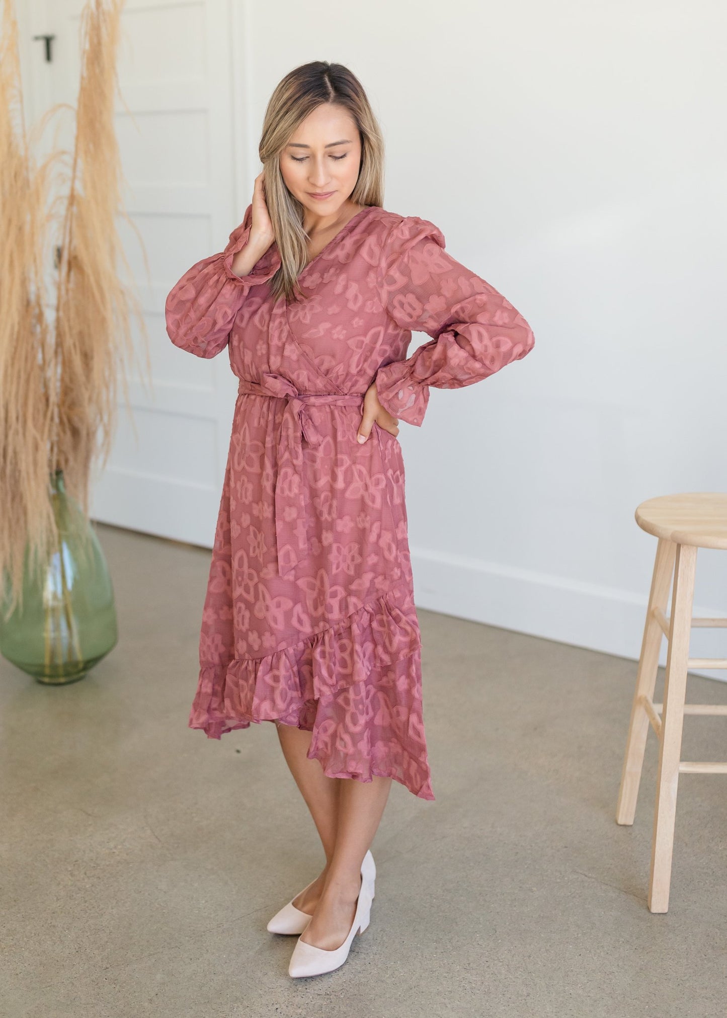 Cinched Long Sleeve Wrap Midi Dress Dresses Tea & Rose