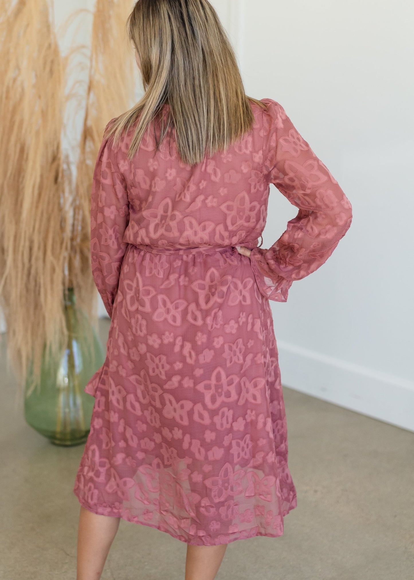 Cinched Long Sleeve Wrap Midi Dress Dresses Tea & Rose