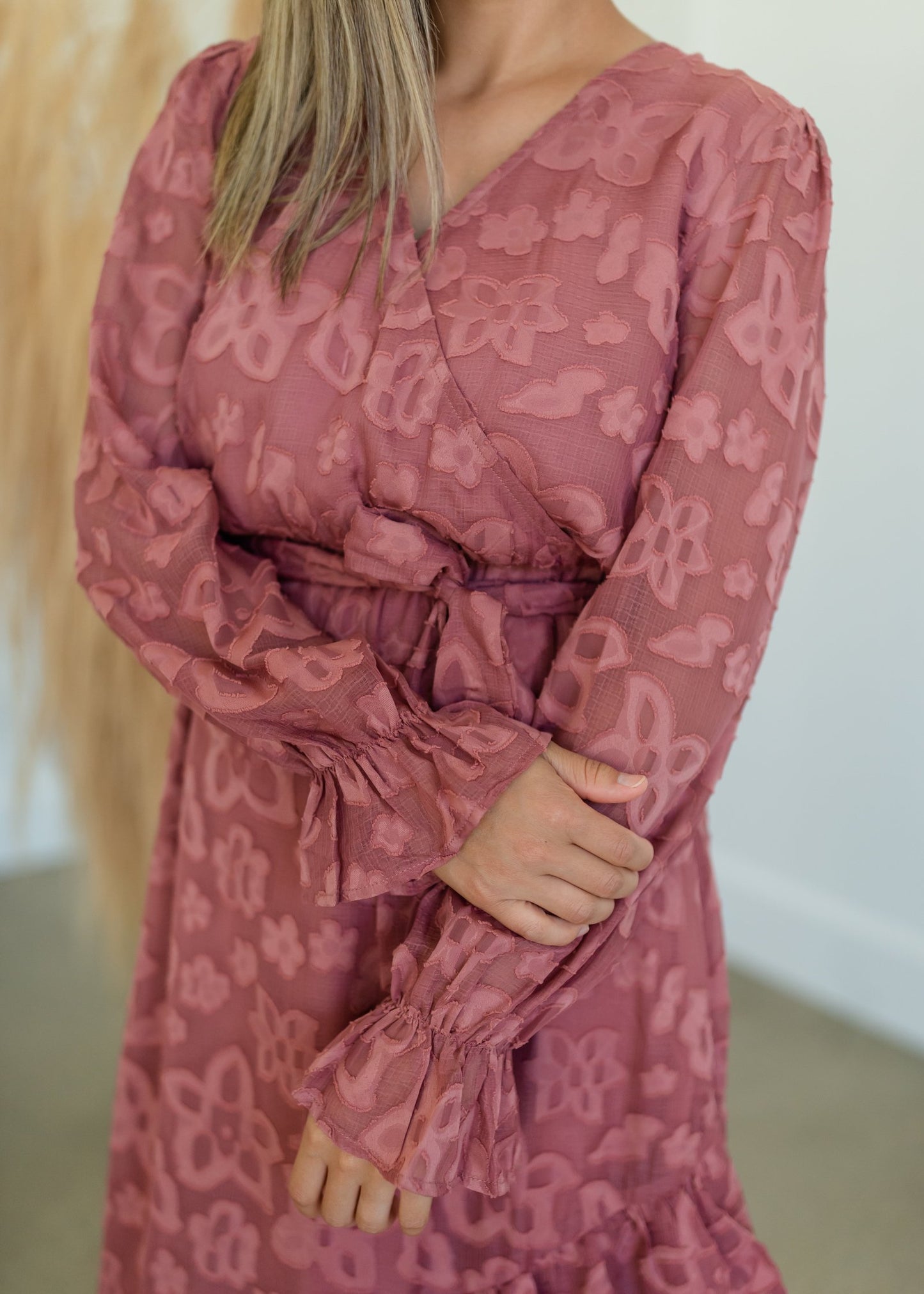 Cinched Long Sleeve Wrap Midi Dress Dresses Tea & Rose