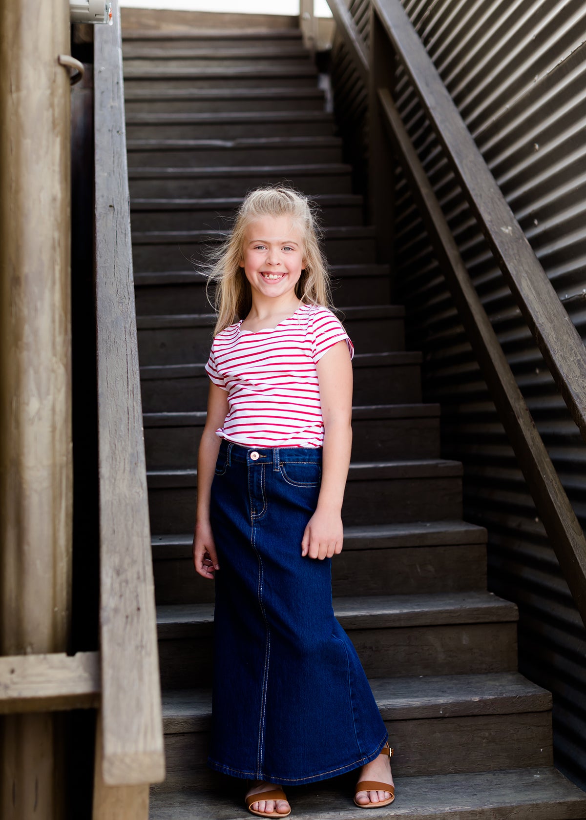 young girls modest long denim jean skirt