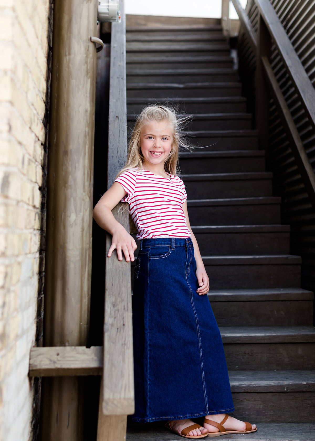 young girls modest long denim jean skirt