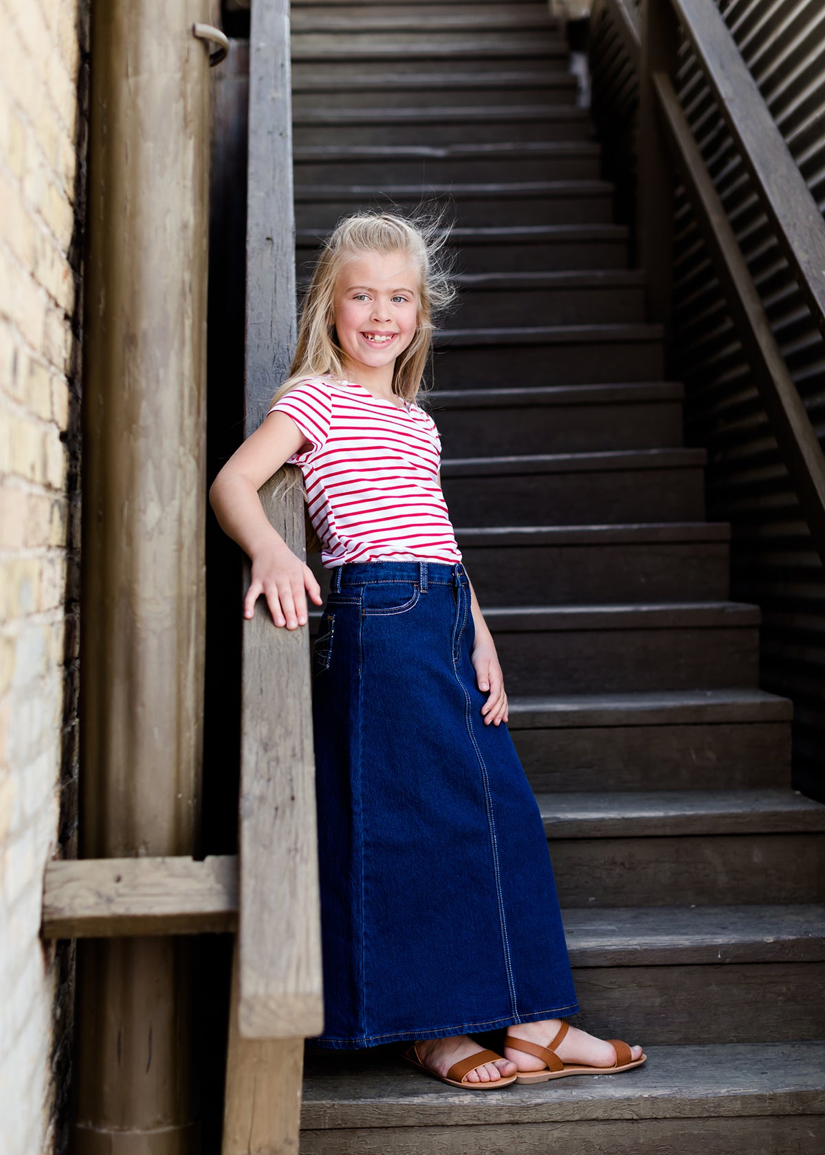 young girls modest long denim jean skirt