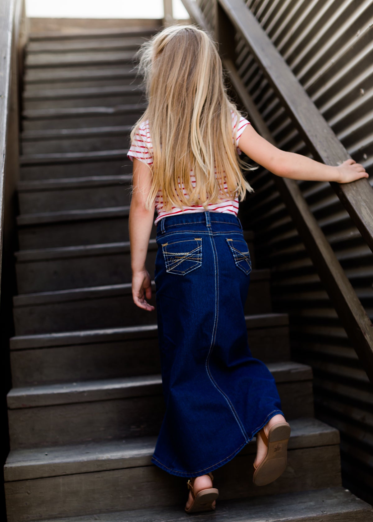 young girls modest long denim jean skirt