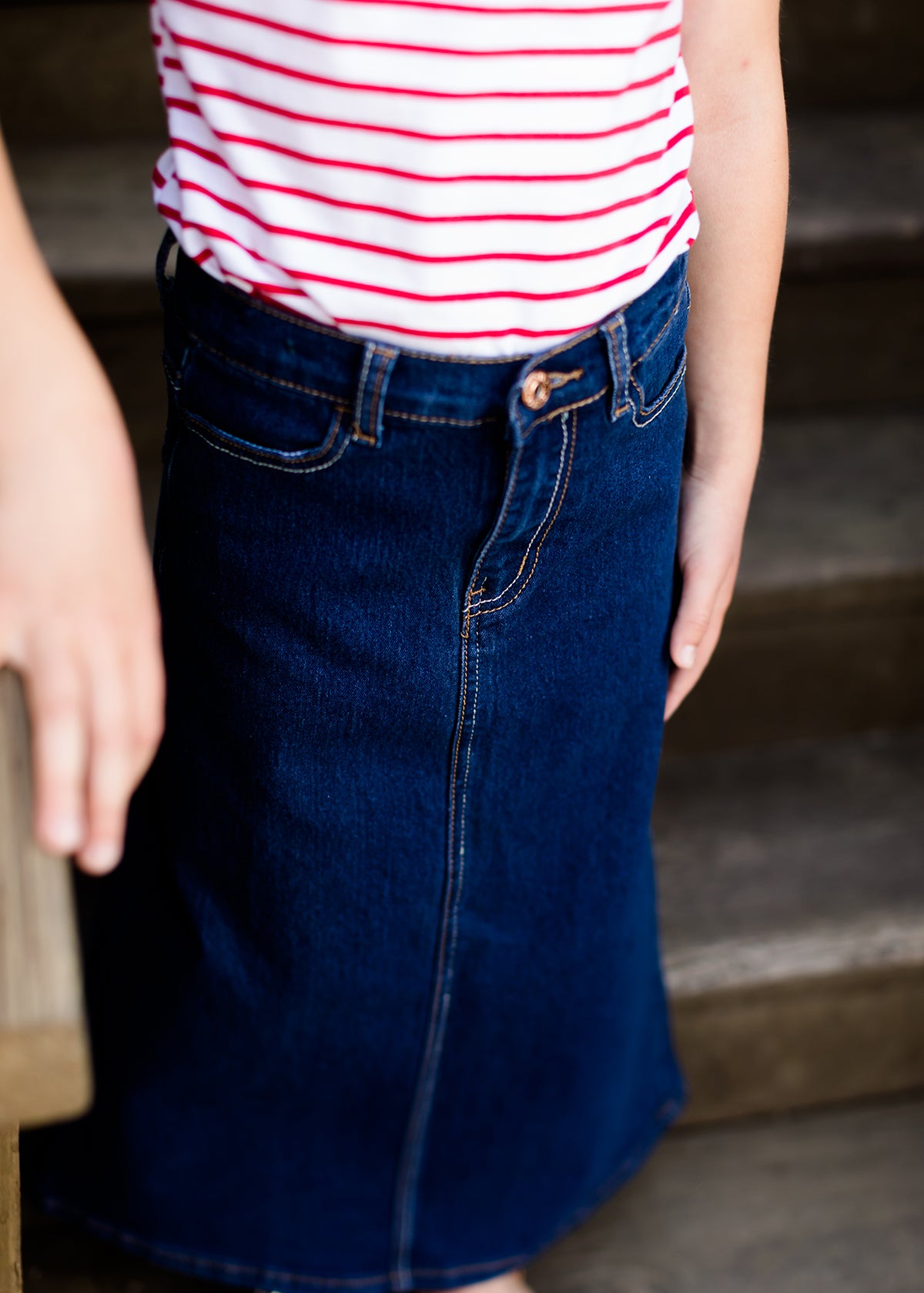 young girls modest long denim jean skirt