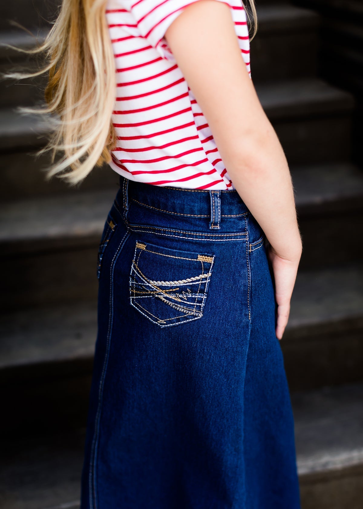 young girls modest long denim jean skirt