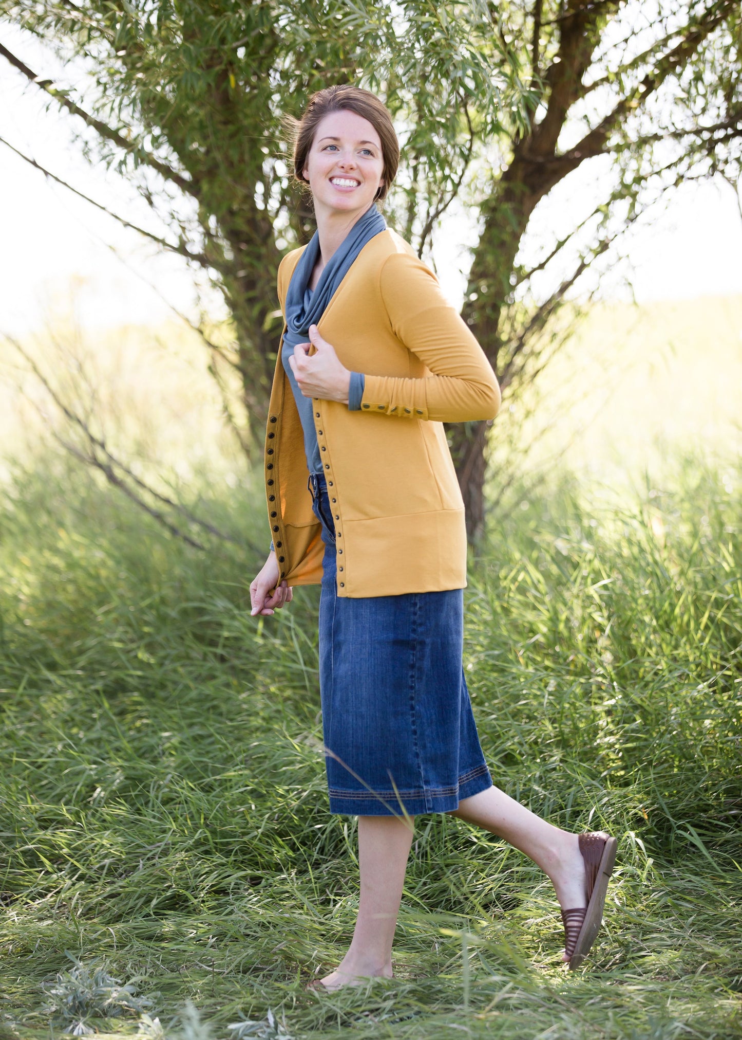 Classic knit brass button snap cardigan