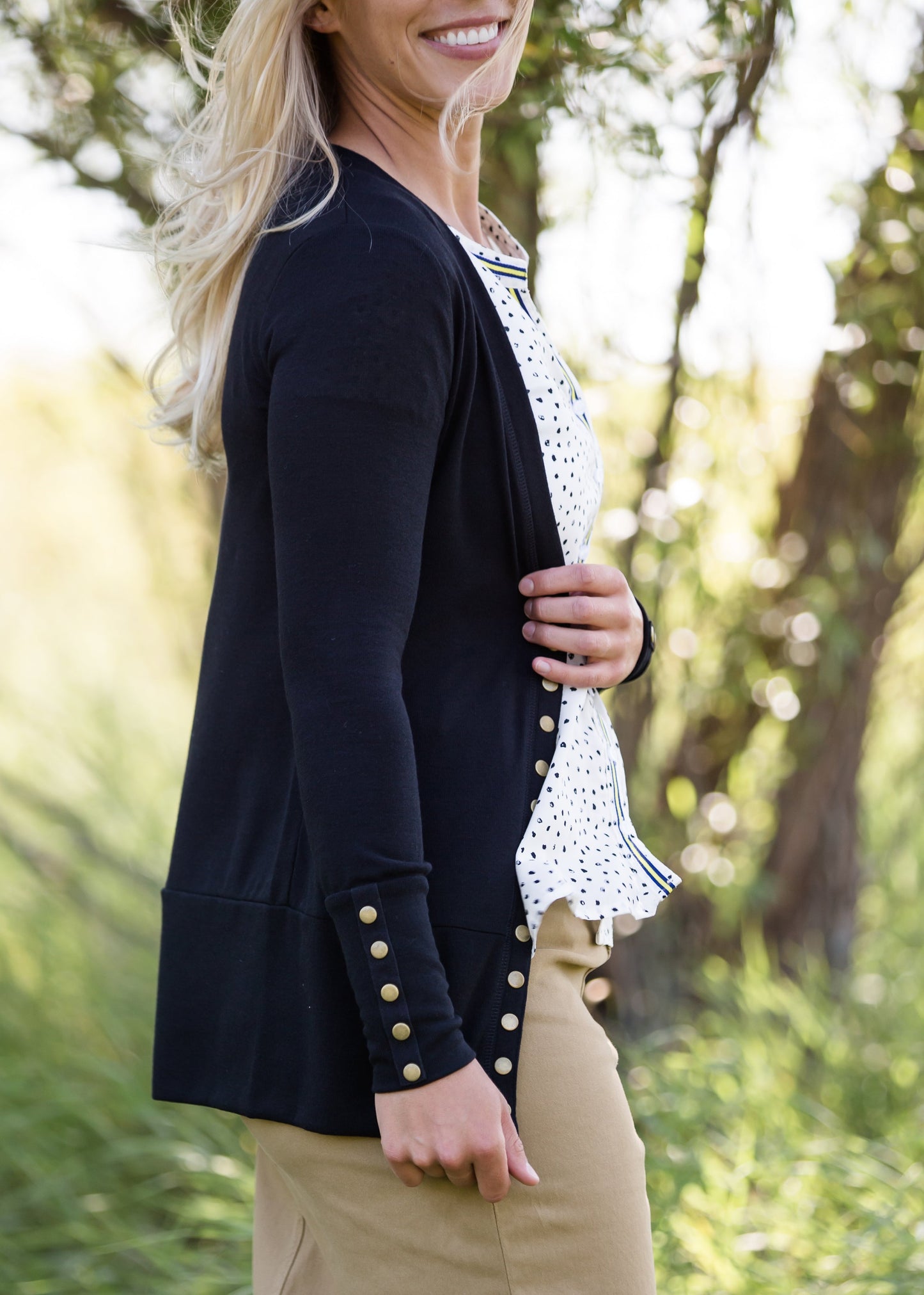 Classic knit brass button snap cardigan