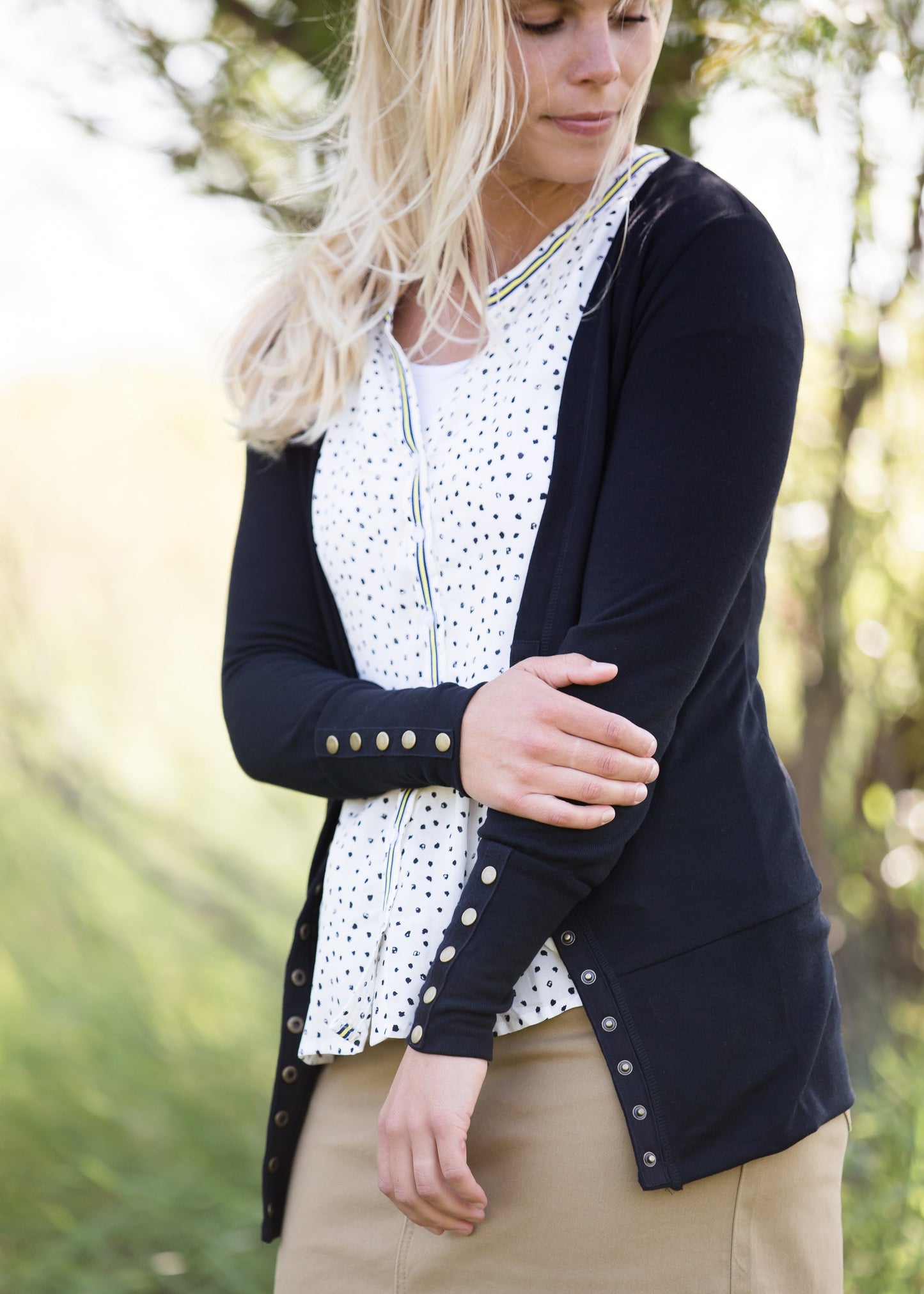 Classic knit brass button snap cardigan