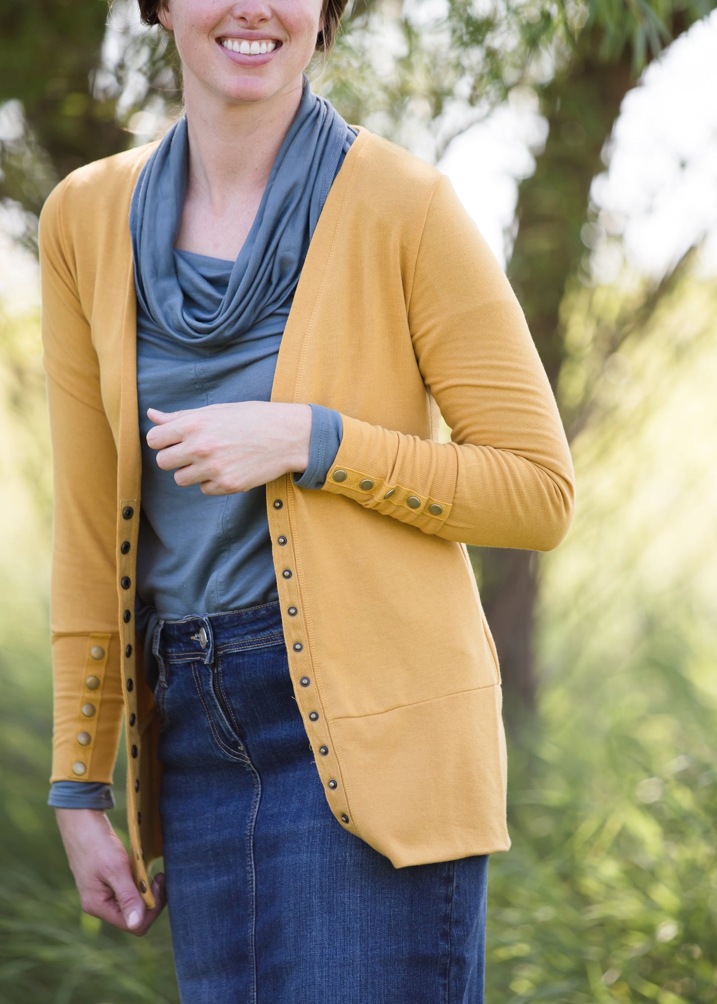 Classic knit brass button snap cardigan