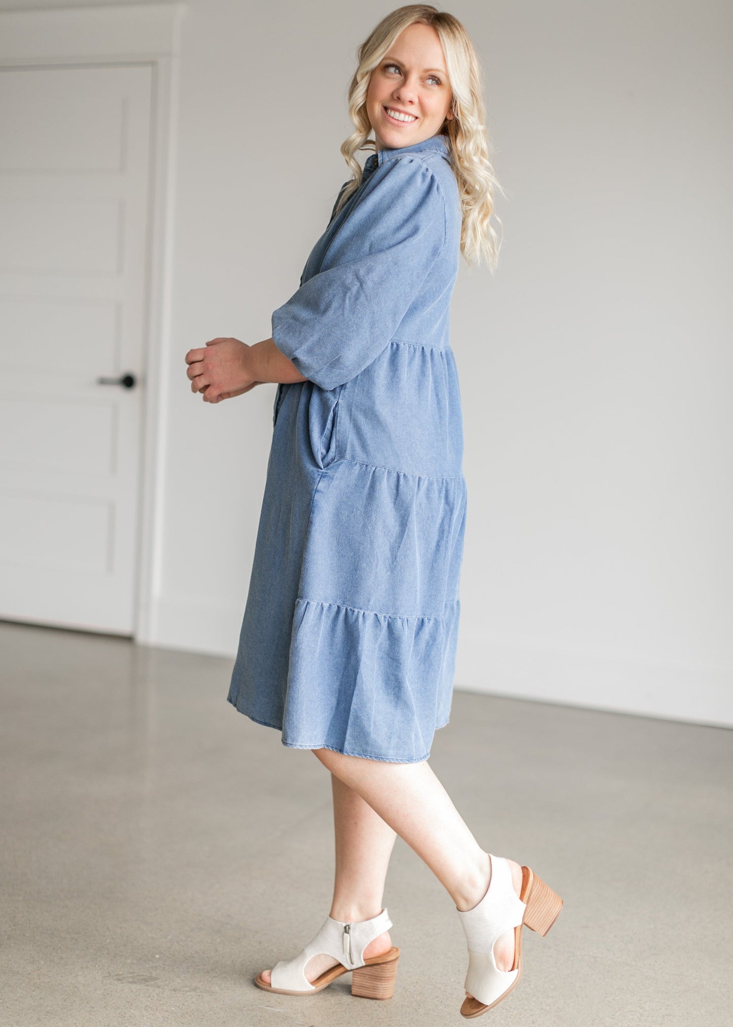 Collared Denim Tiered Midi Shirt Dress Dresses
