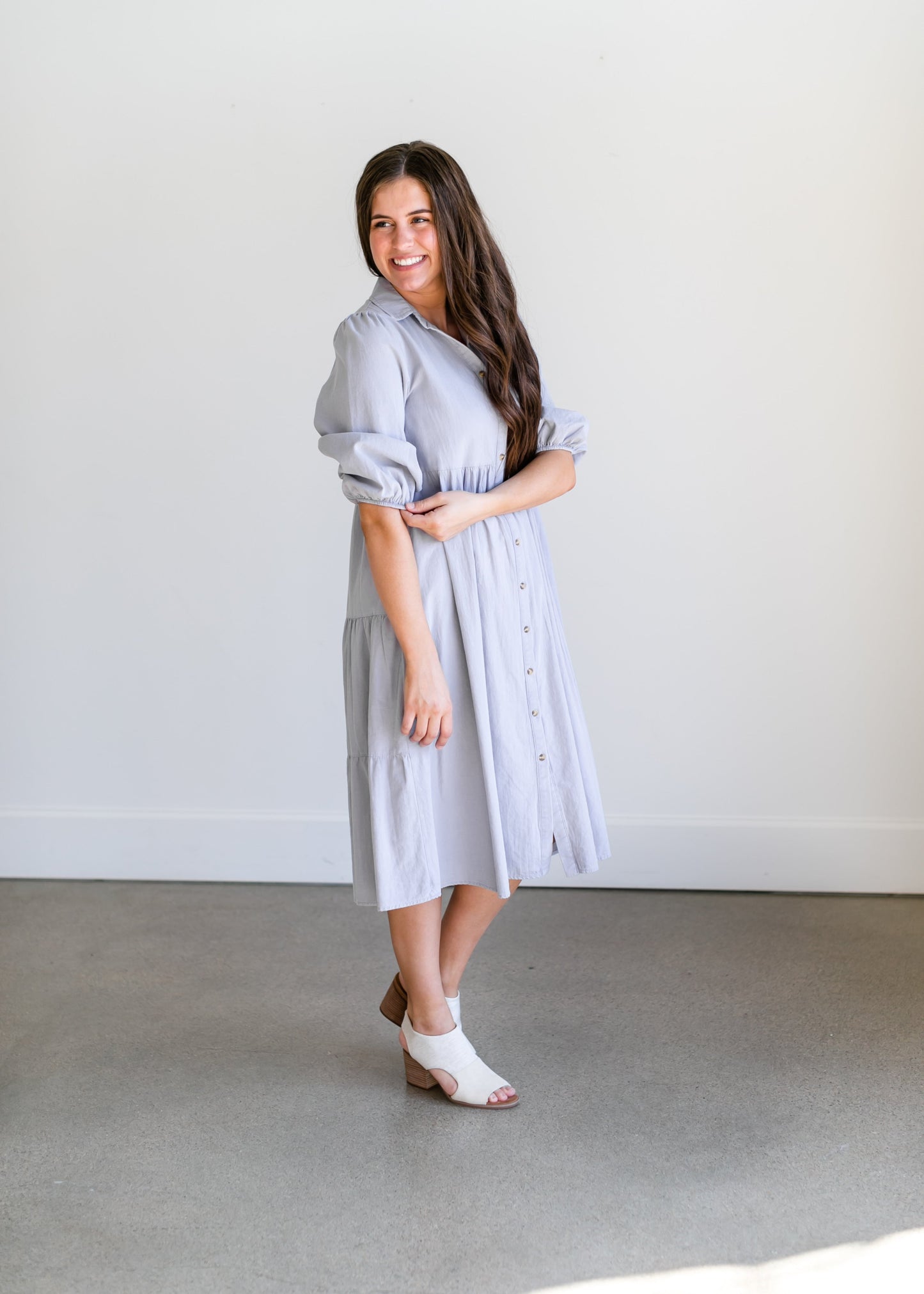Collared Denim Tiered Midi Shirt Dress Dresses
