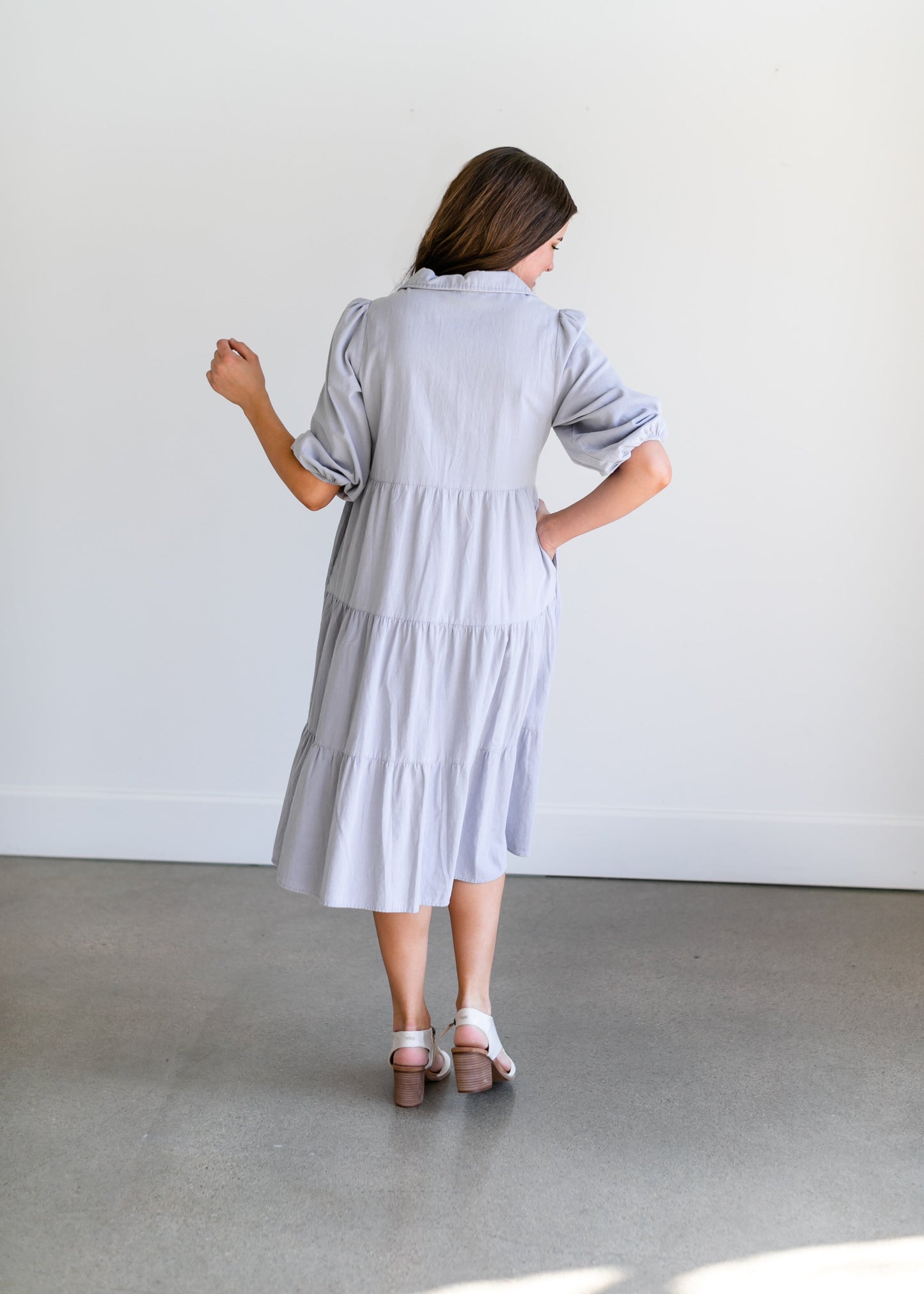Collared Denim Tiered Midi Shirt Dress Dresses