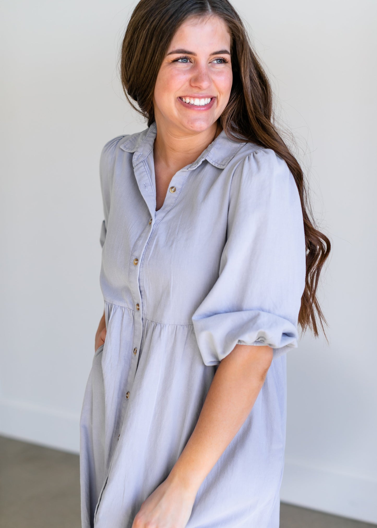 Collared Denim Tiered Midi Shirt Dress Dresses