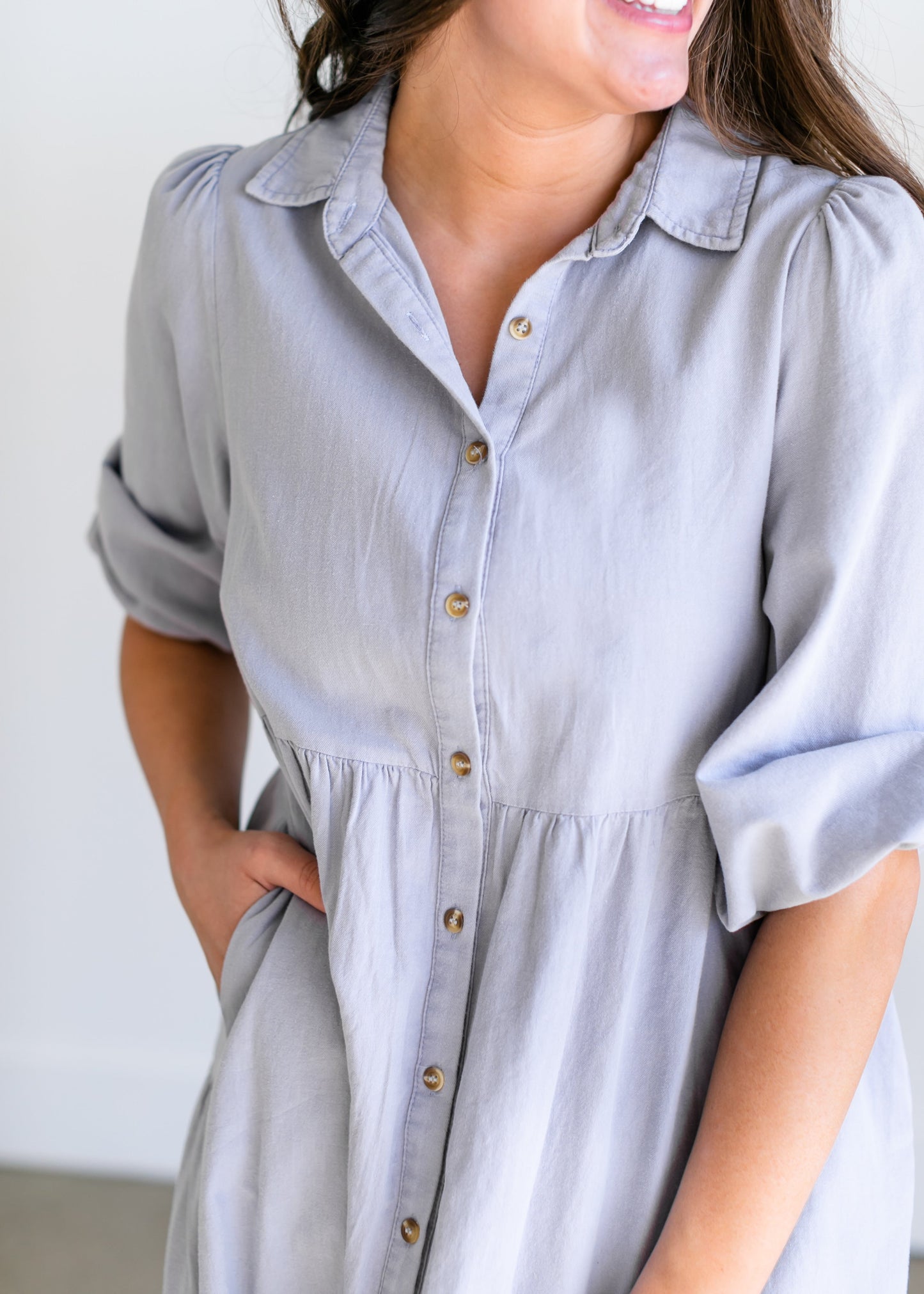 Collared Denim Tiered Midi Shirt Dress Dresses