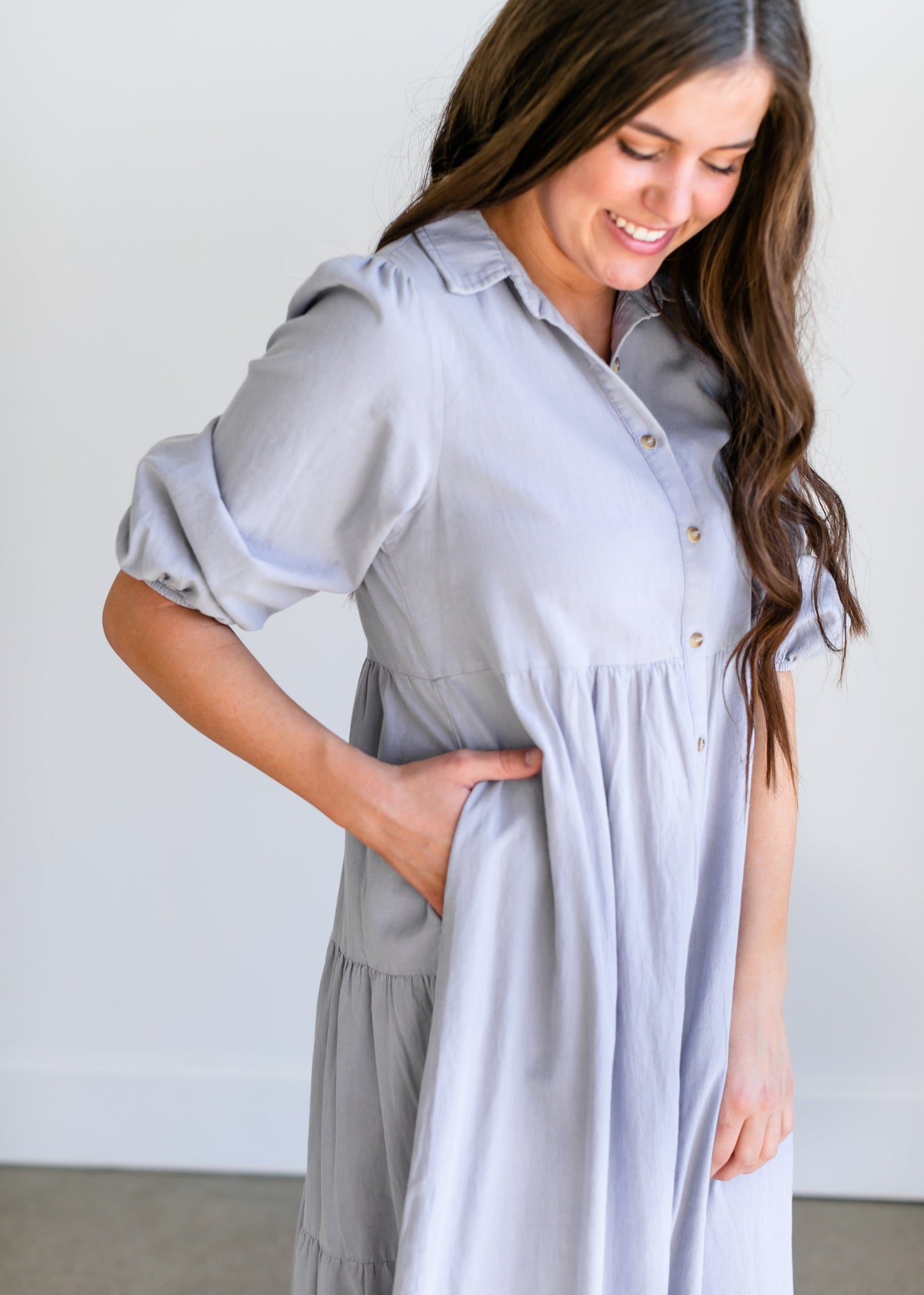 Collared Denim Tiered Midi Shirt Dress Dresses