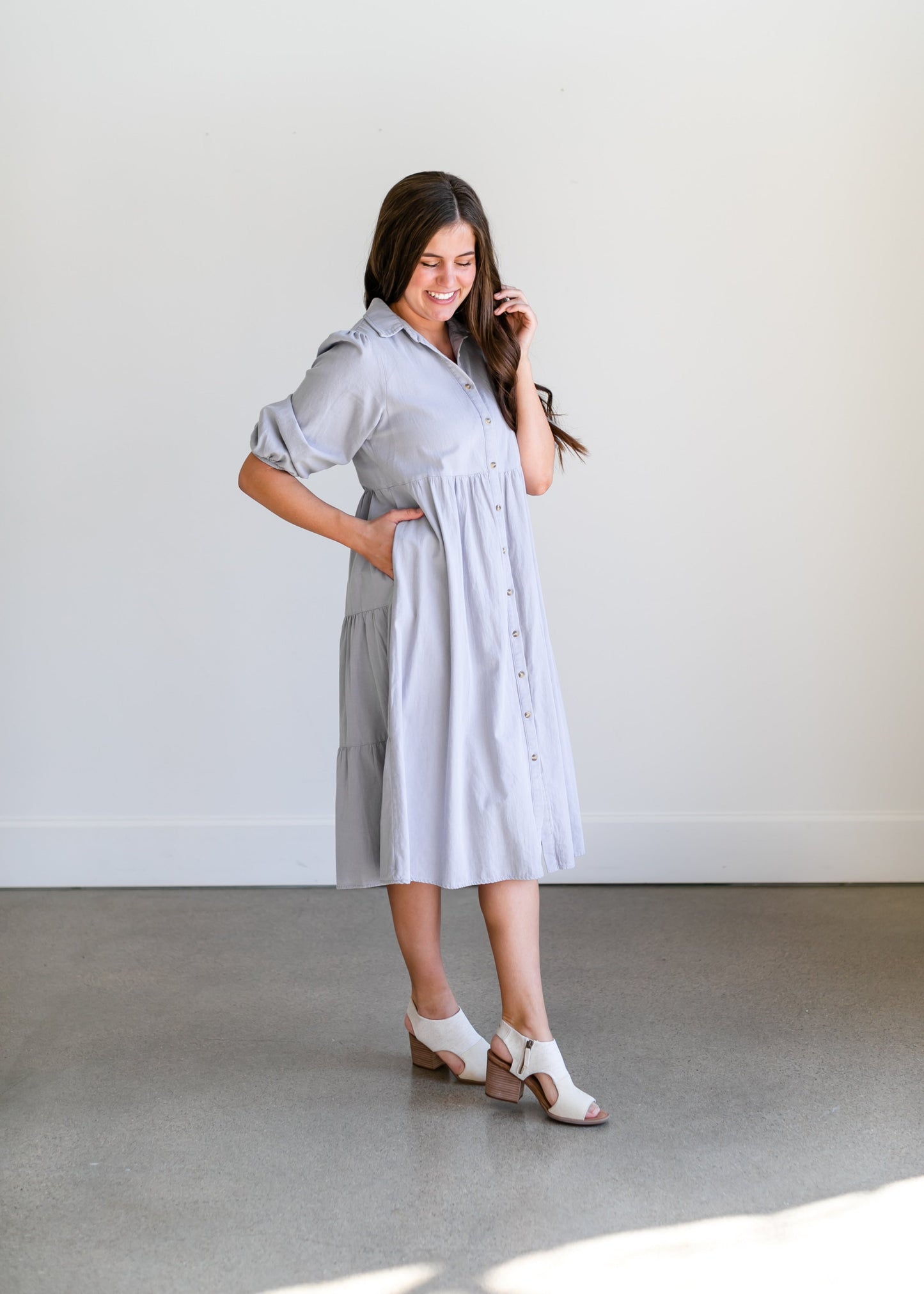 Collared Denim Tiered Midi Shirt Dress Dresses