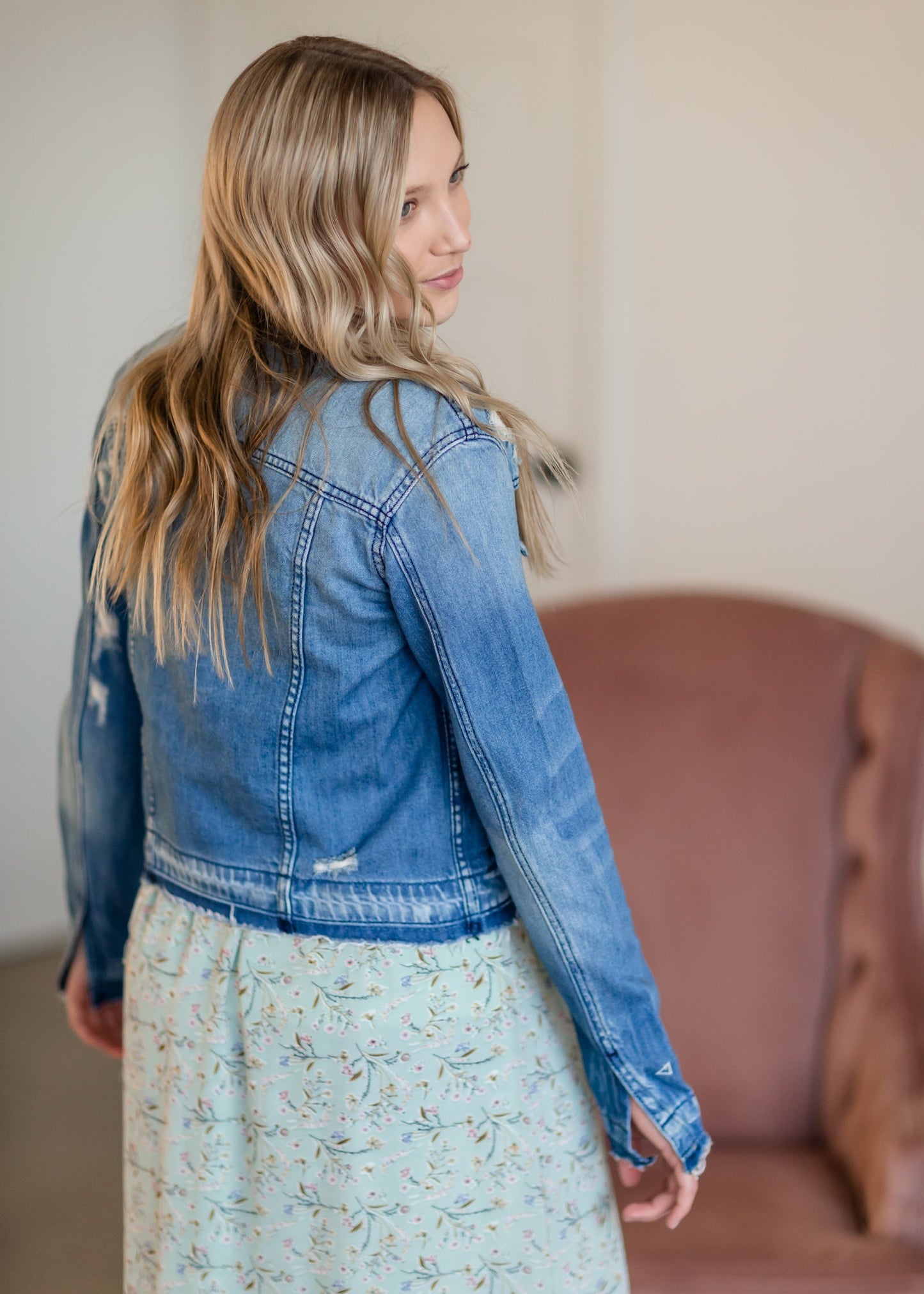 Collarless Denim Jean Jacket Shirt Hidden