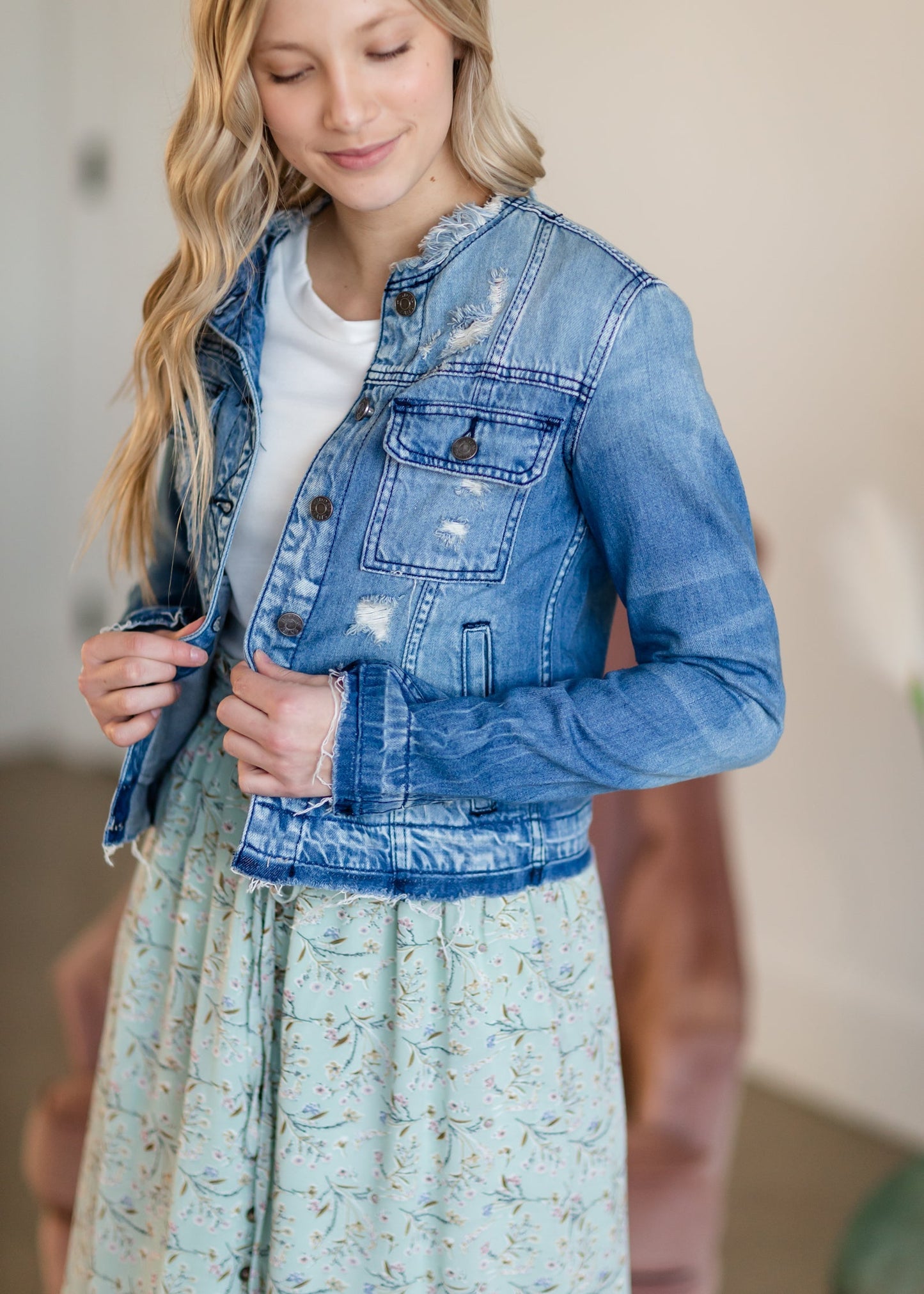 Collarless Denim Jean Jacket Shirt Hidden