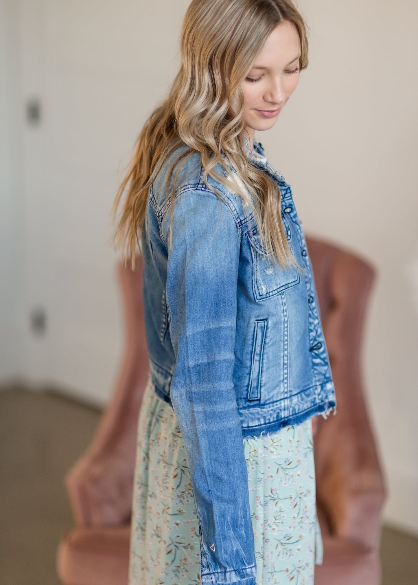 Collarless Denim Jean Jacket Shirt Hidden