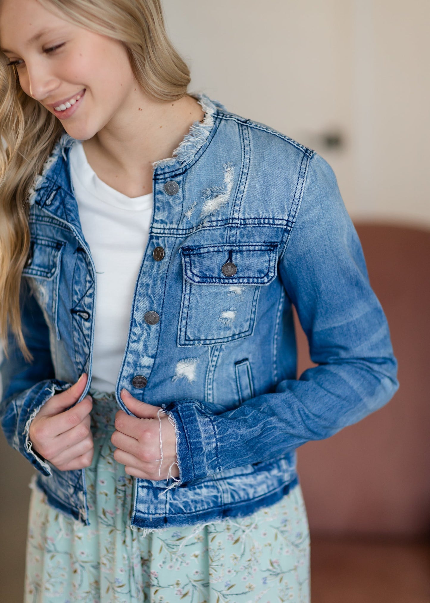 Collarless Denim Jean Jacket Shirt Hidden