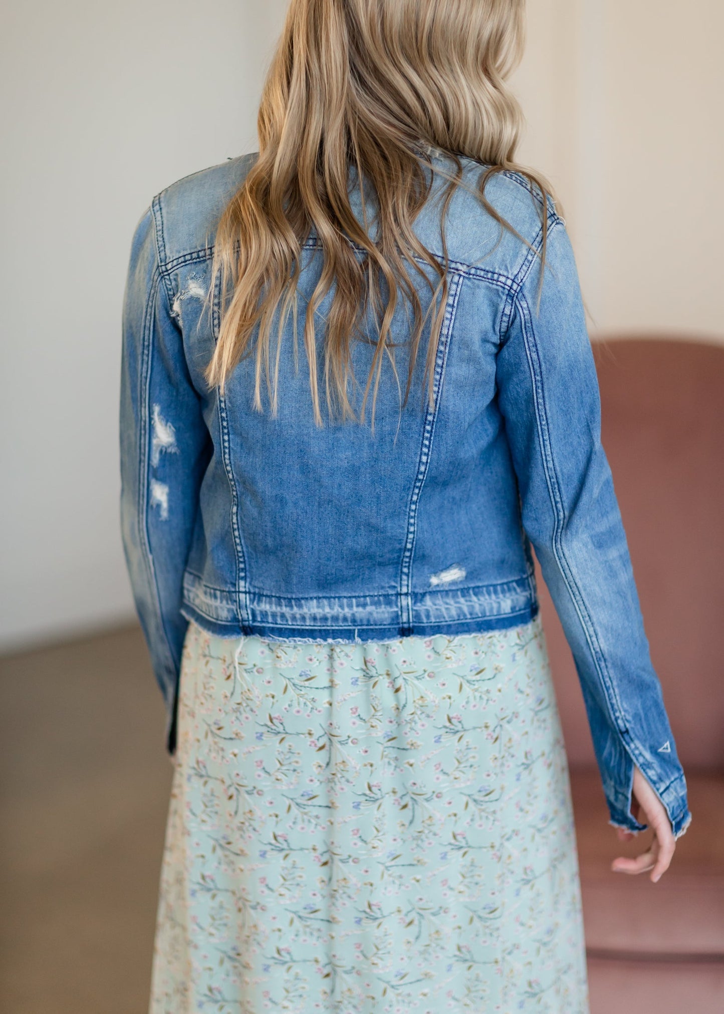 Collarless Denim Jean Jacket Shirt Hidden