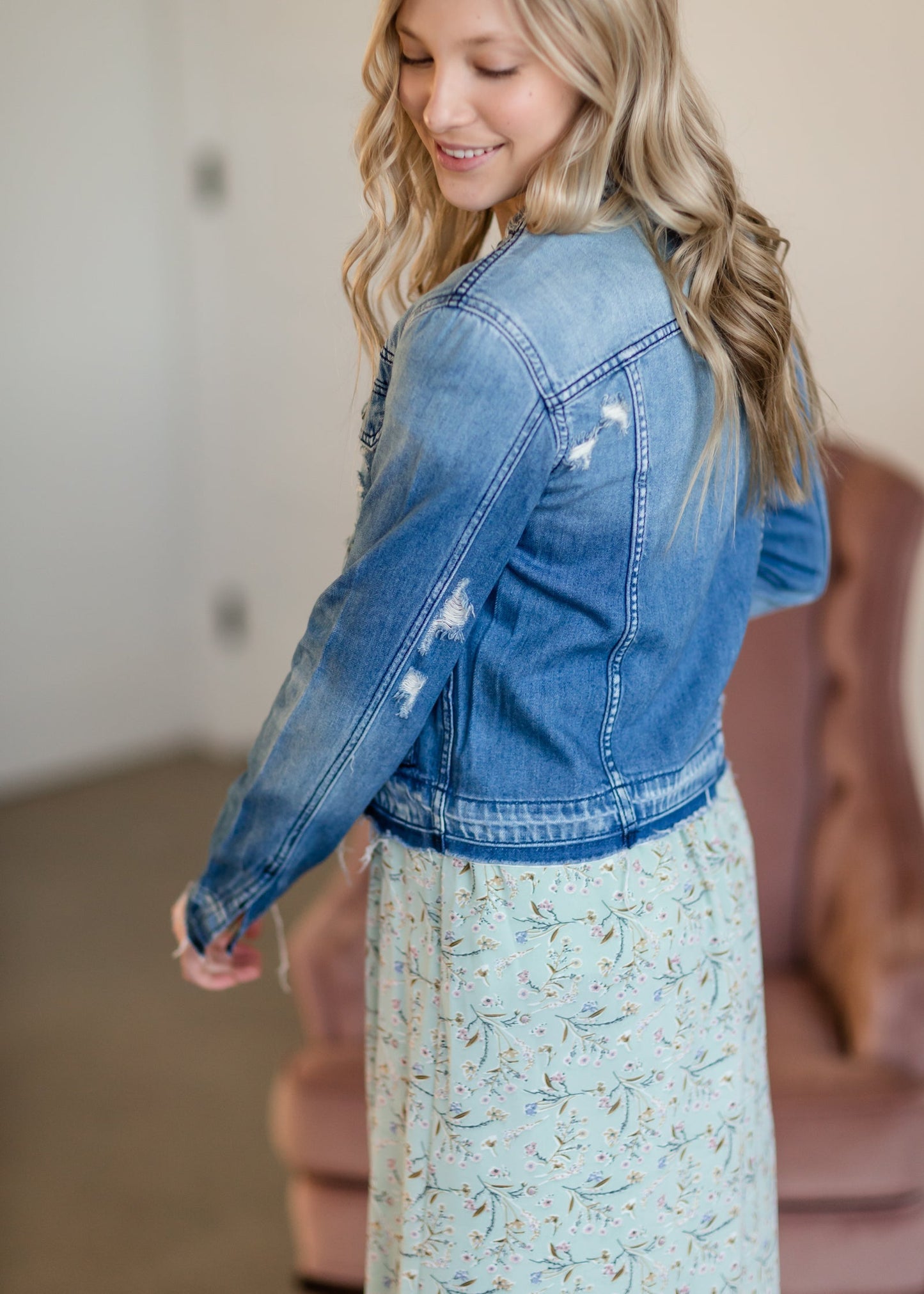 Collarless Denim Jean Jacket Shirt Hidden