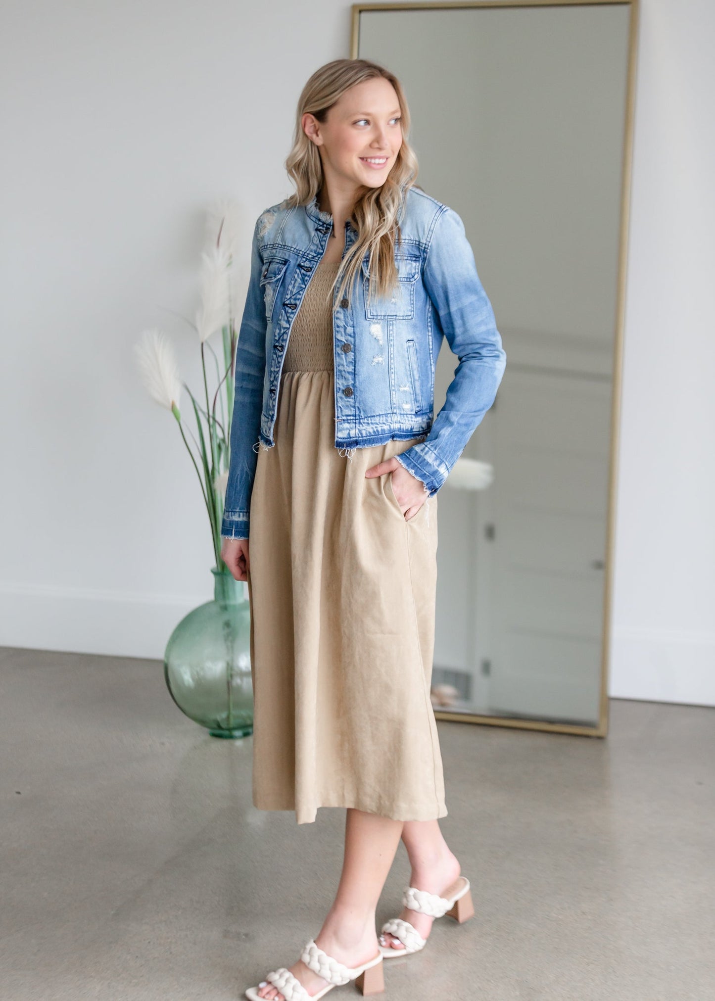 Collarless Denim Jean Jacket Shirt Hidden