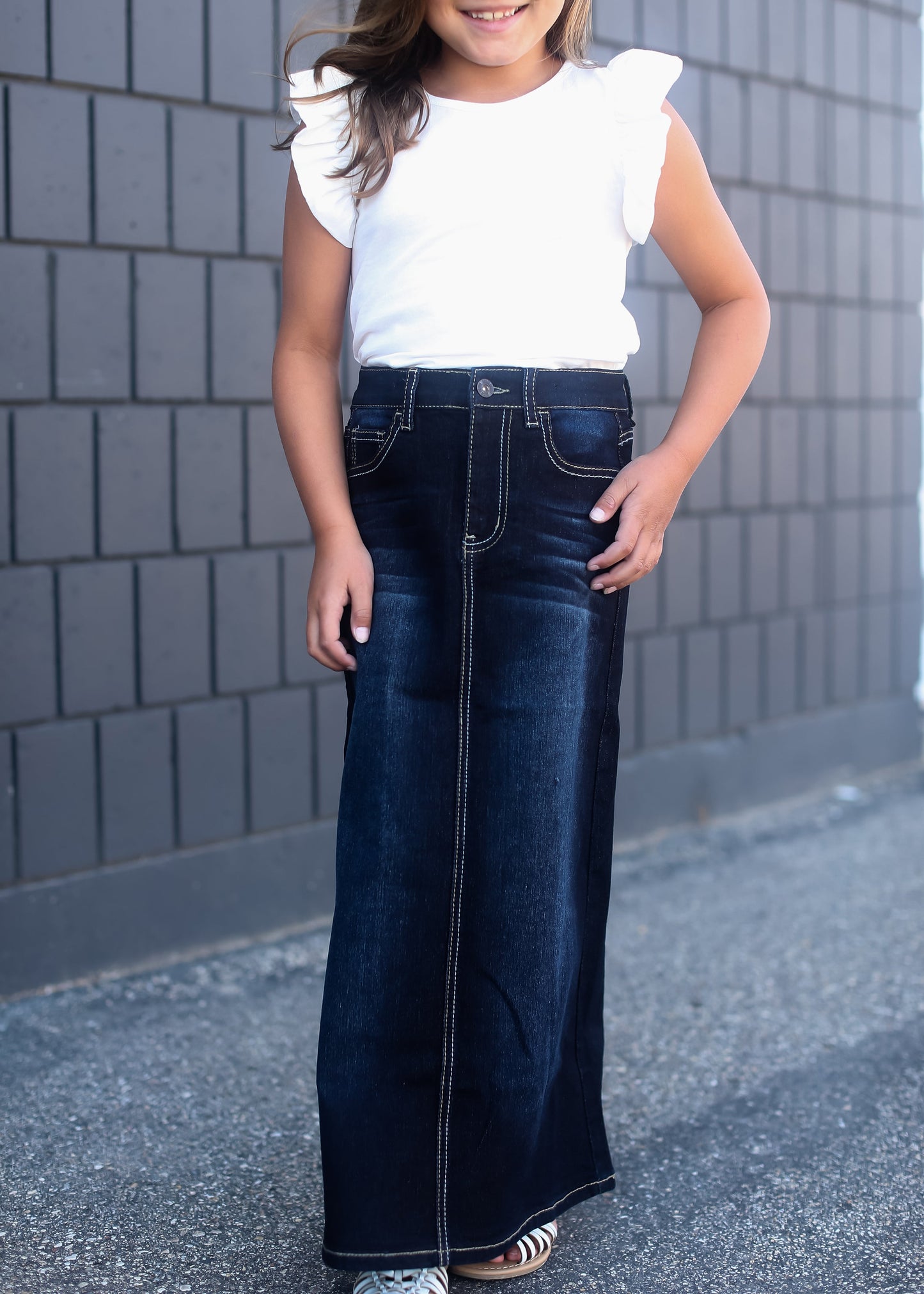 girls dark denim long skirt with adorable back pocket stitching