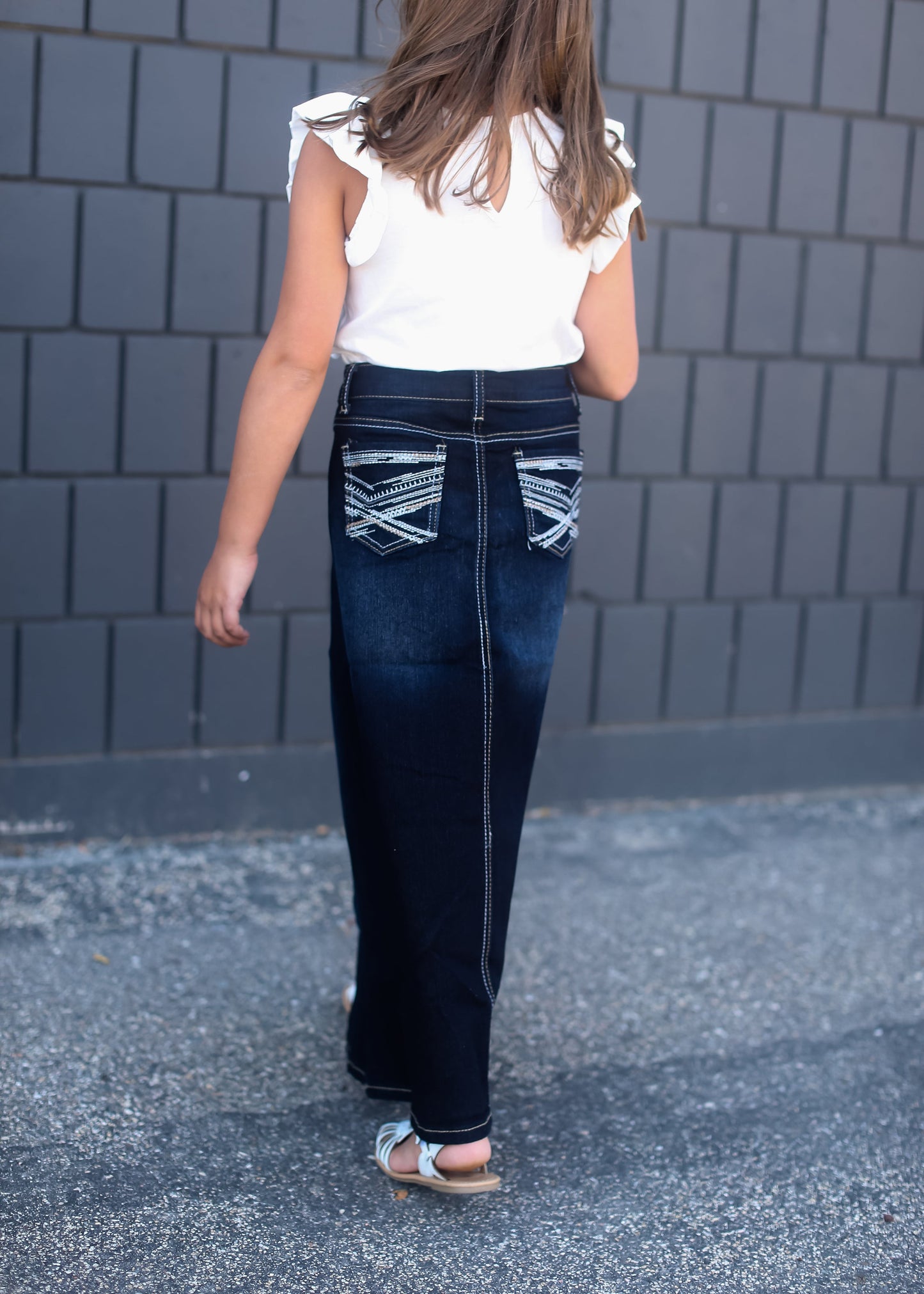 girls dark denim long skirt with adorable back pocket stitching