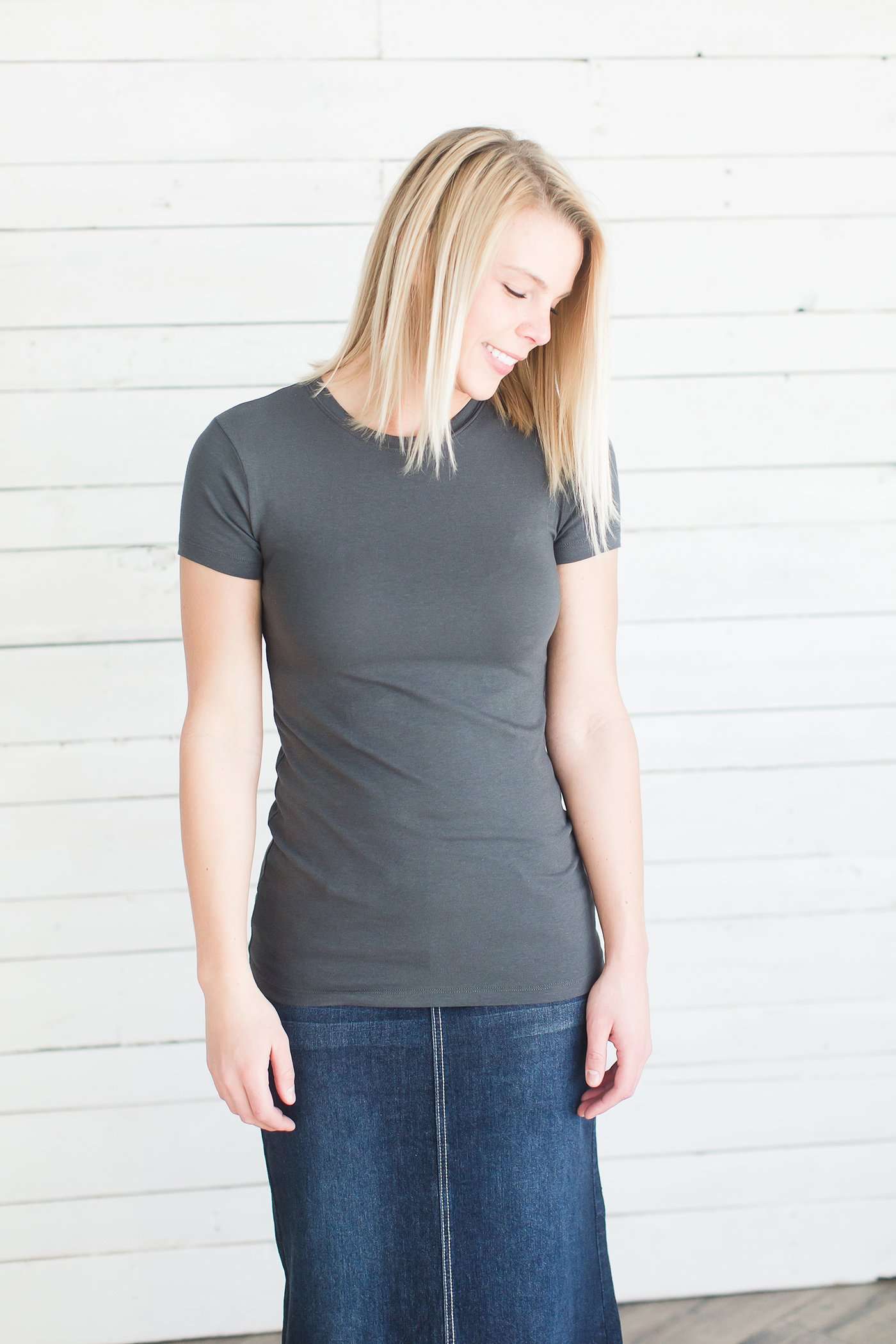 Modest women's layering tee in dark grey, blush, white, navy, teal or salmon.