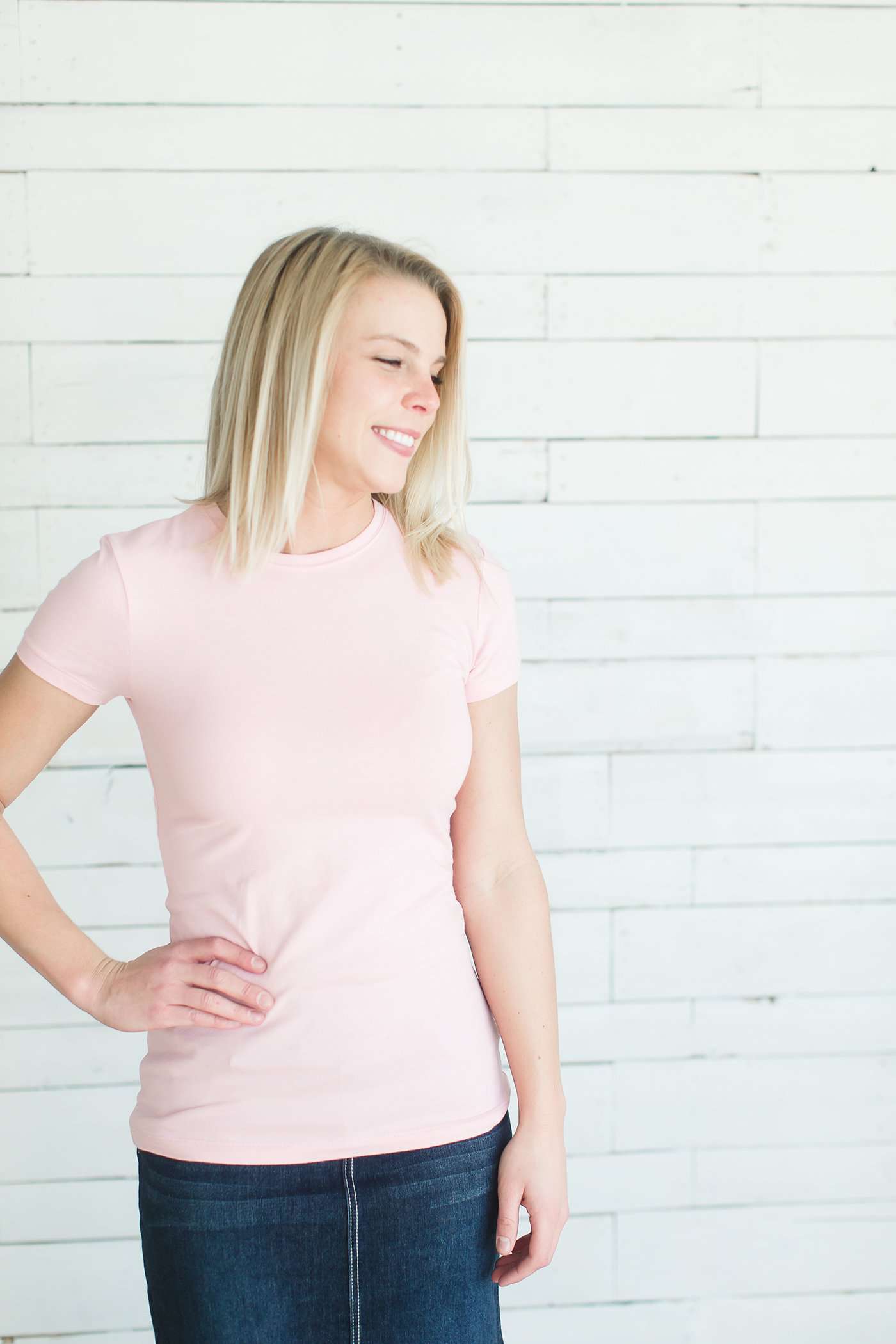 Modest women's layering tee in dark grey, blush, white, navy, teal or salmon.