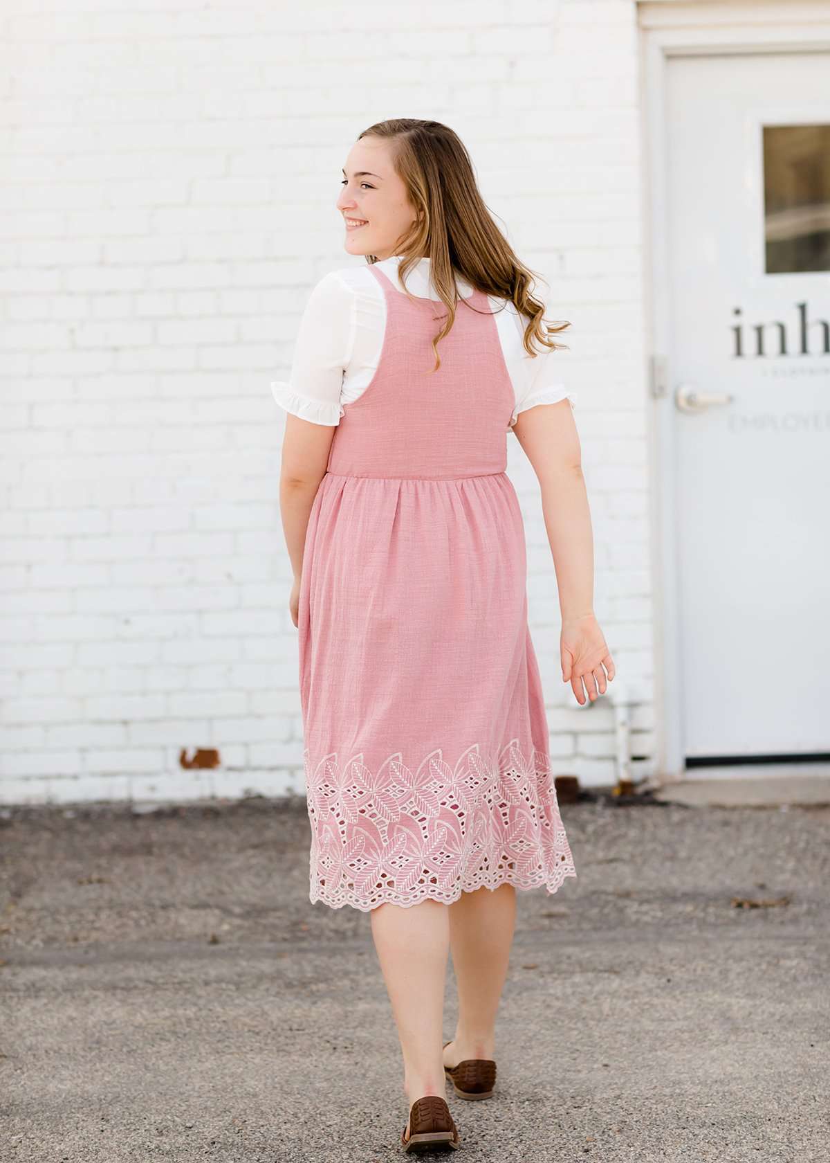 modest women's pink below the knee 100% cotton dress