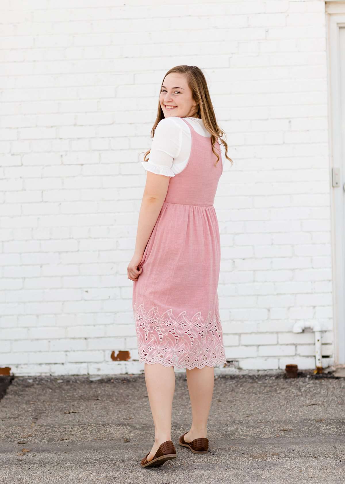 modest women's pink below the knee 100% cotton dress