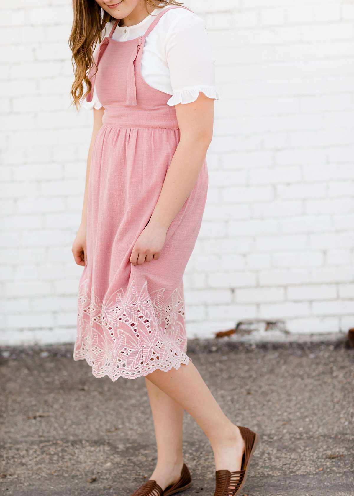 modest women's pink below the knee 100% cotton dress