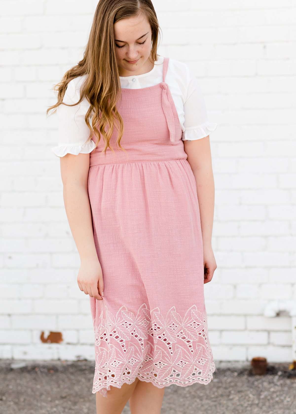 modest women's pink below the knee 100% cotton dress
