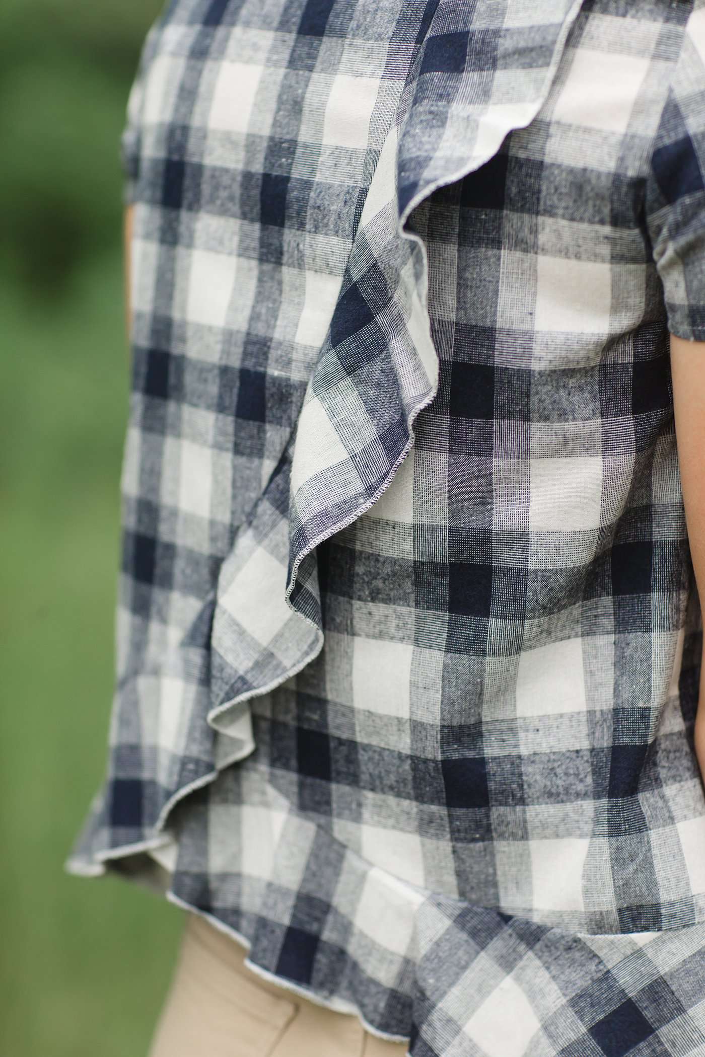 Red or Navy checked country plaid short sleeve top with ruffle back and bottom.