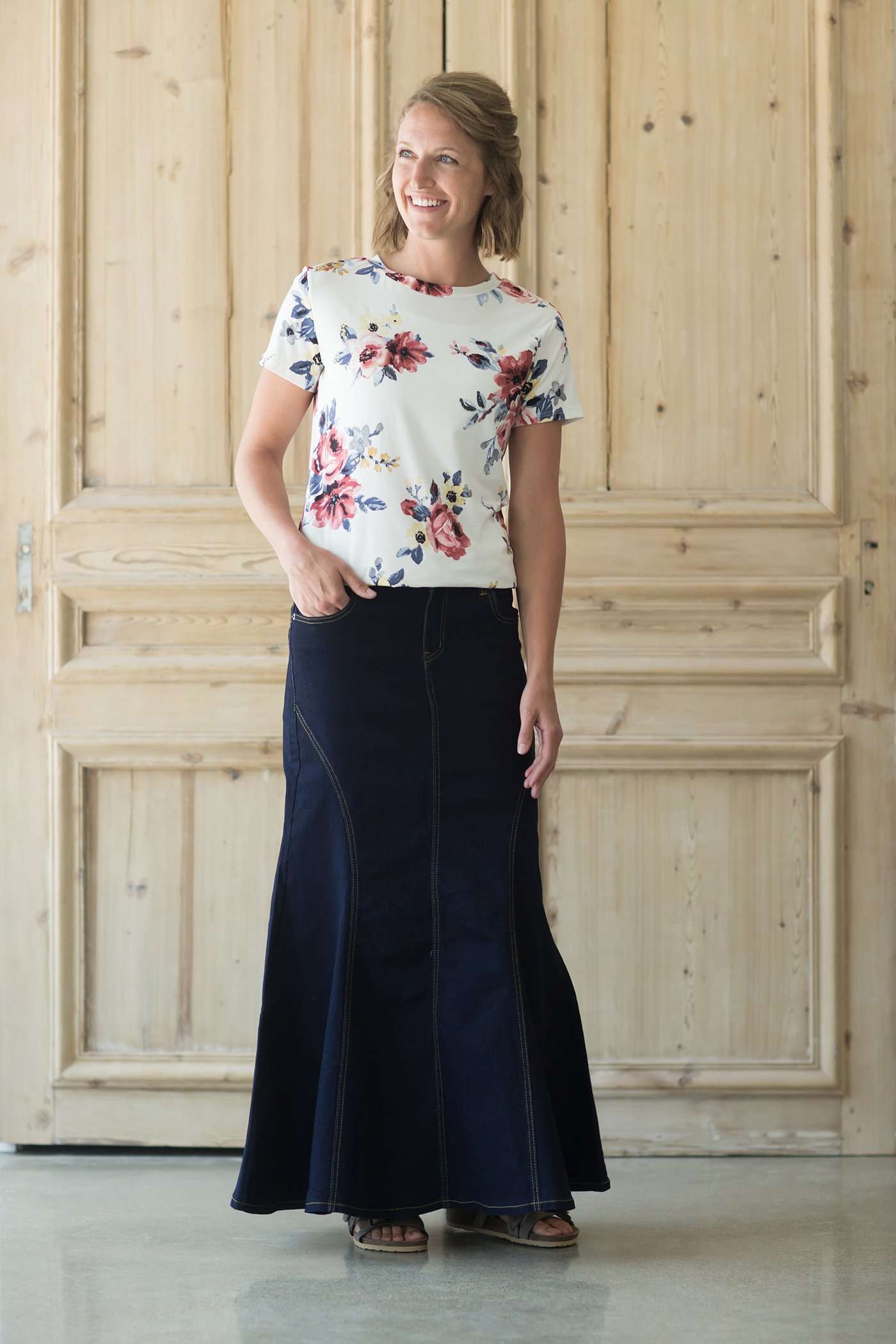 Modest women's country flare maxi skirt in a dark indigo wash.