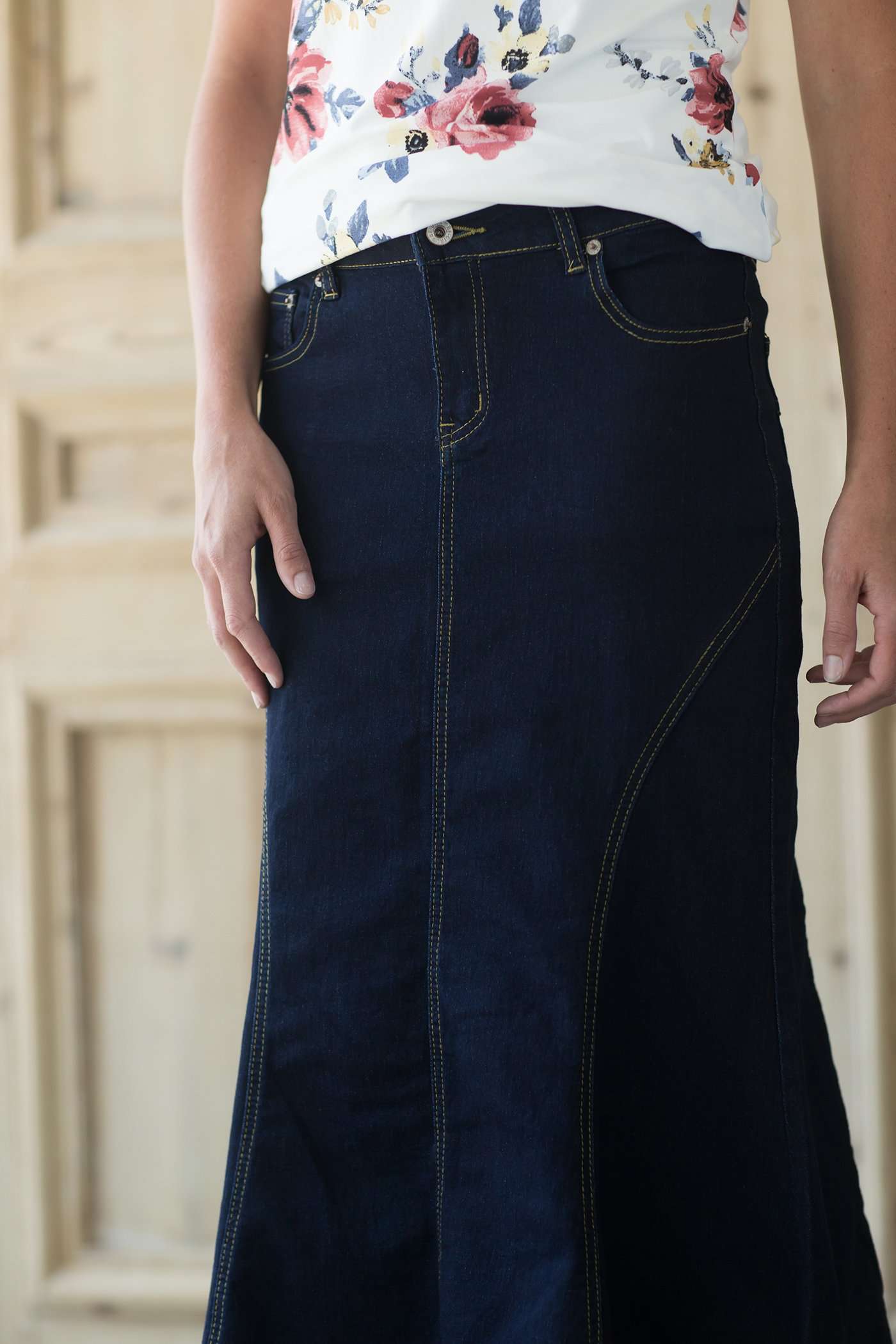 Modest women's country flare maxi skirt in a dark indigo wash.