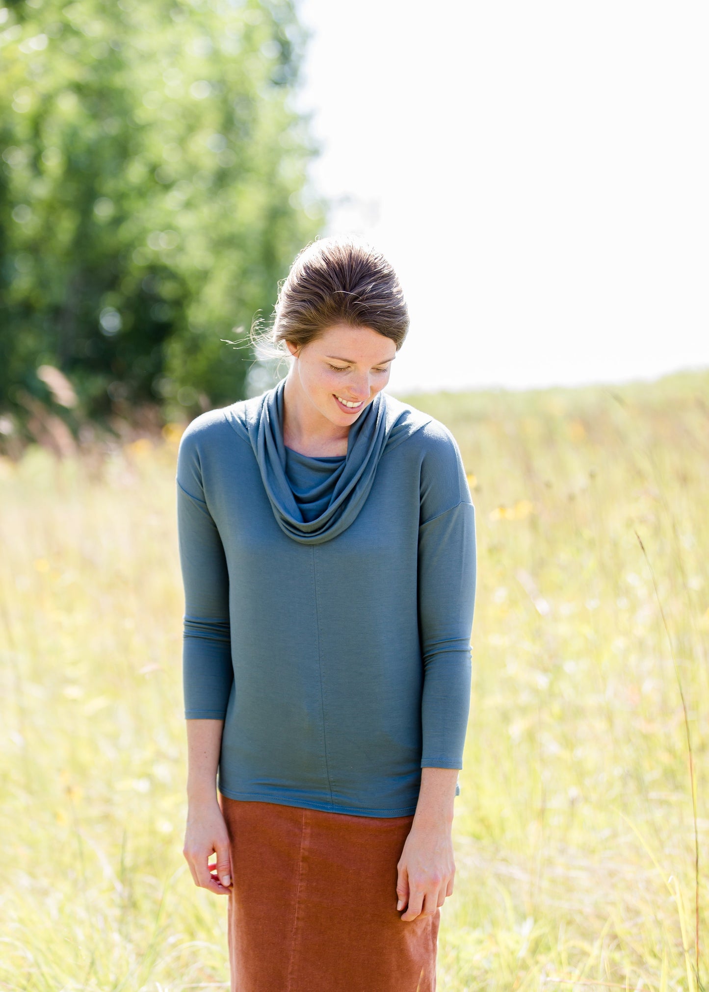 teal cowl neck sweater