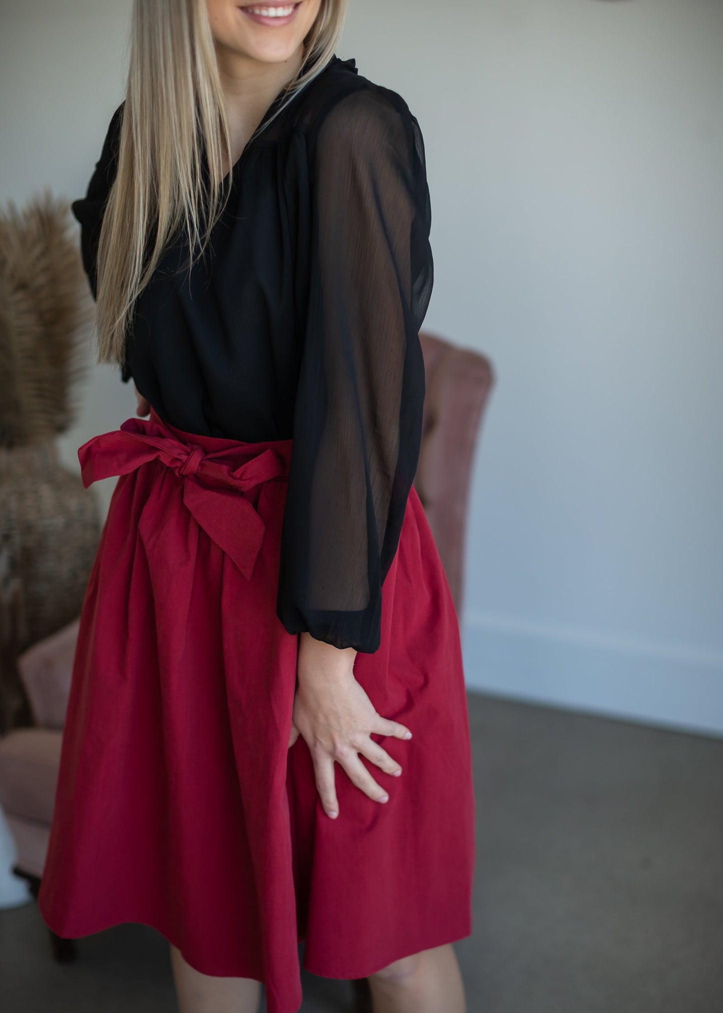 Cranberry Tie Waist Midi Skirt Skirts Mikarose