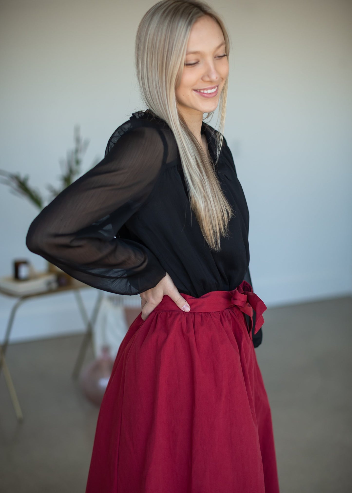 Cranberry Tie Waist Midi Skirt Skirts Mikarose
