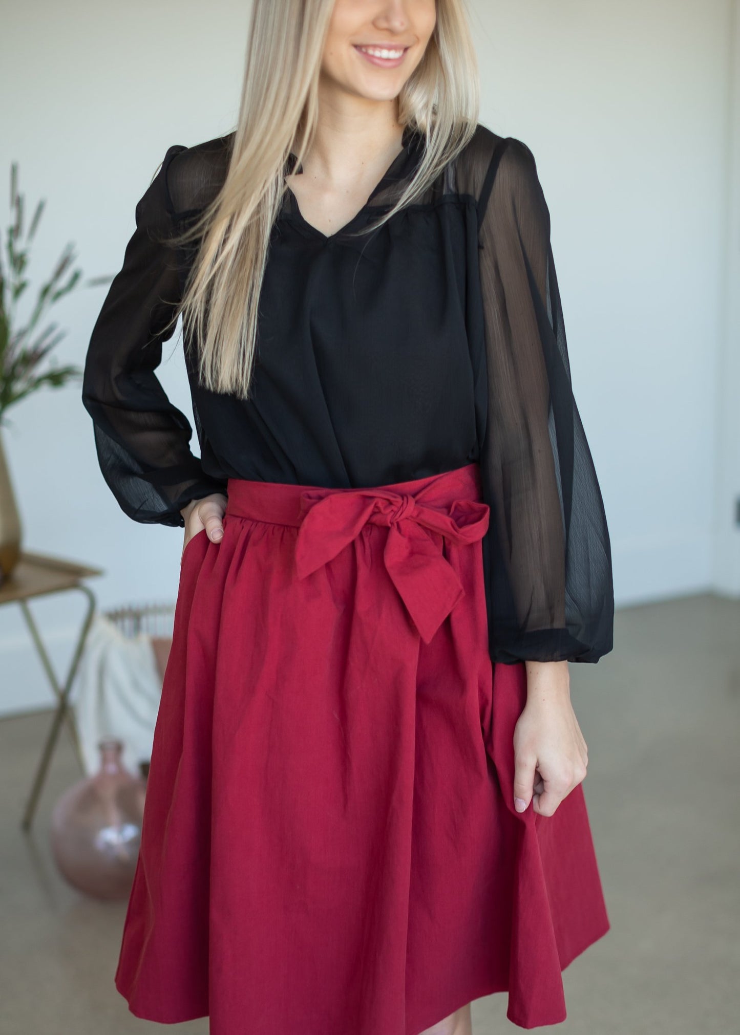 Cranberry Tie Waist Midi Skirt Skirts Mikarose